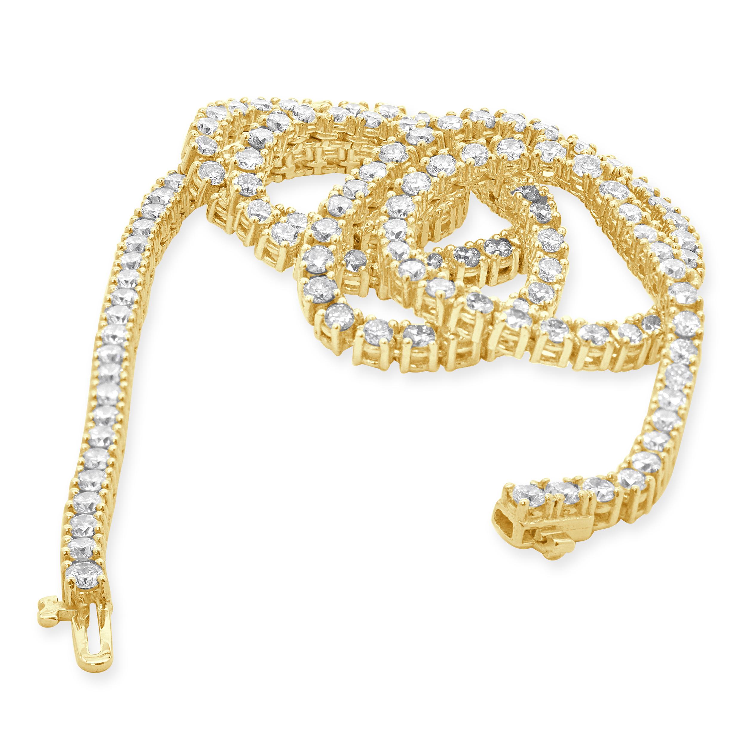 Round Cut 14 Karat Yellow Gold Diamond Inline Tennis Necklace For Sale