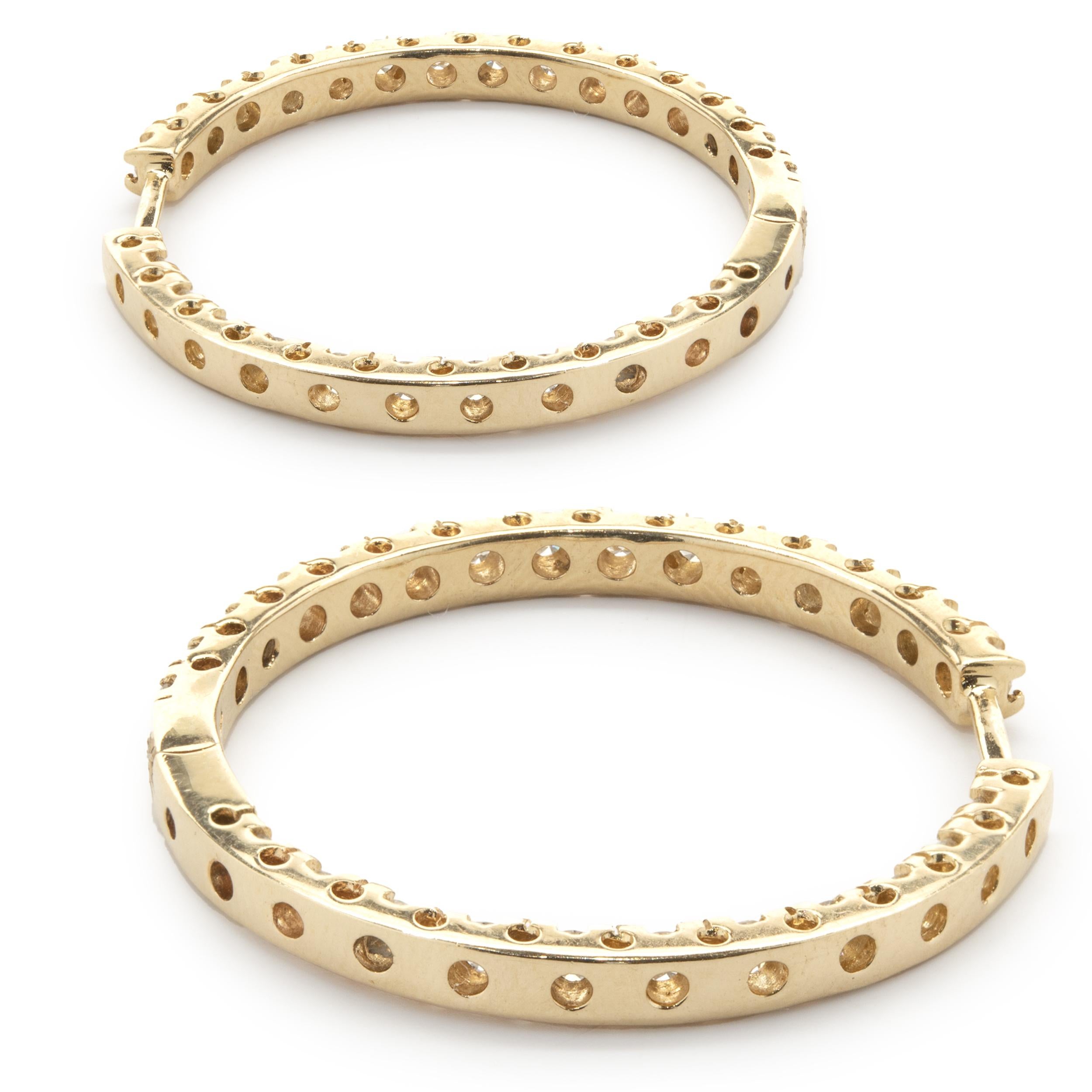 Round Cut 14 Karat Yellow Gold Diamond Inside Outside Hoop Earrings For Sale