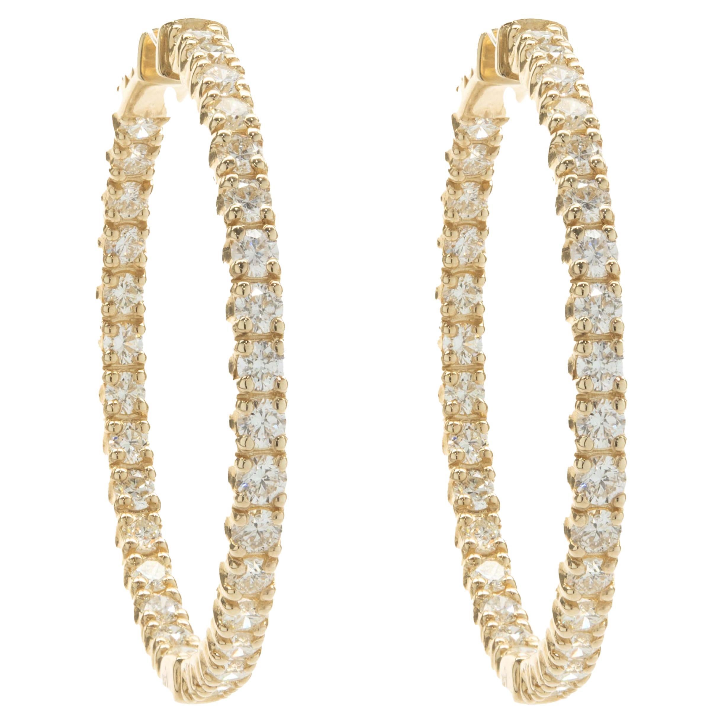 14 Karat Yellow Gold Diamond Inside Outside Hoop Earrings For Sale