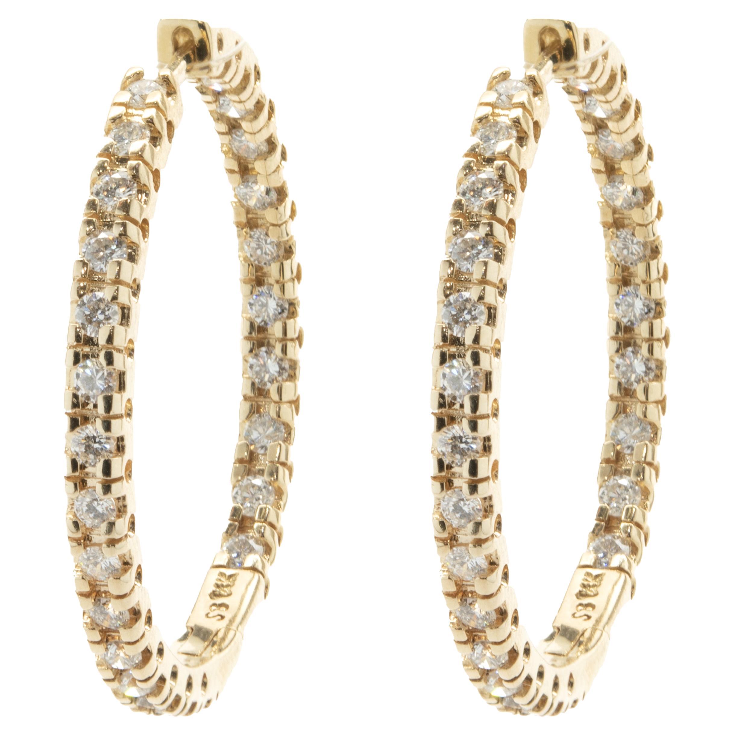 14 Karat Yellow Gold Diamond Inside Outside Hoop Earrings For Sale