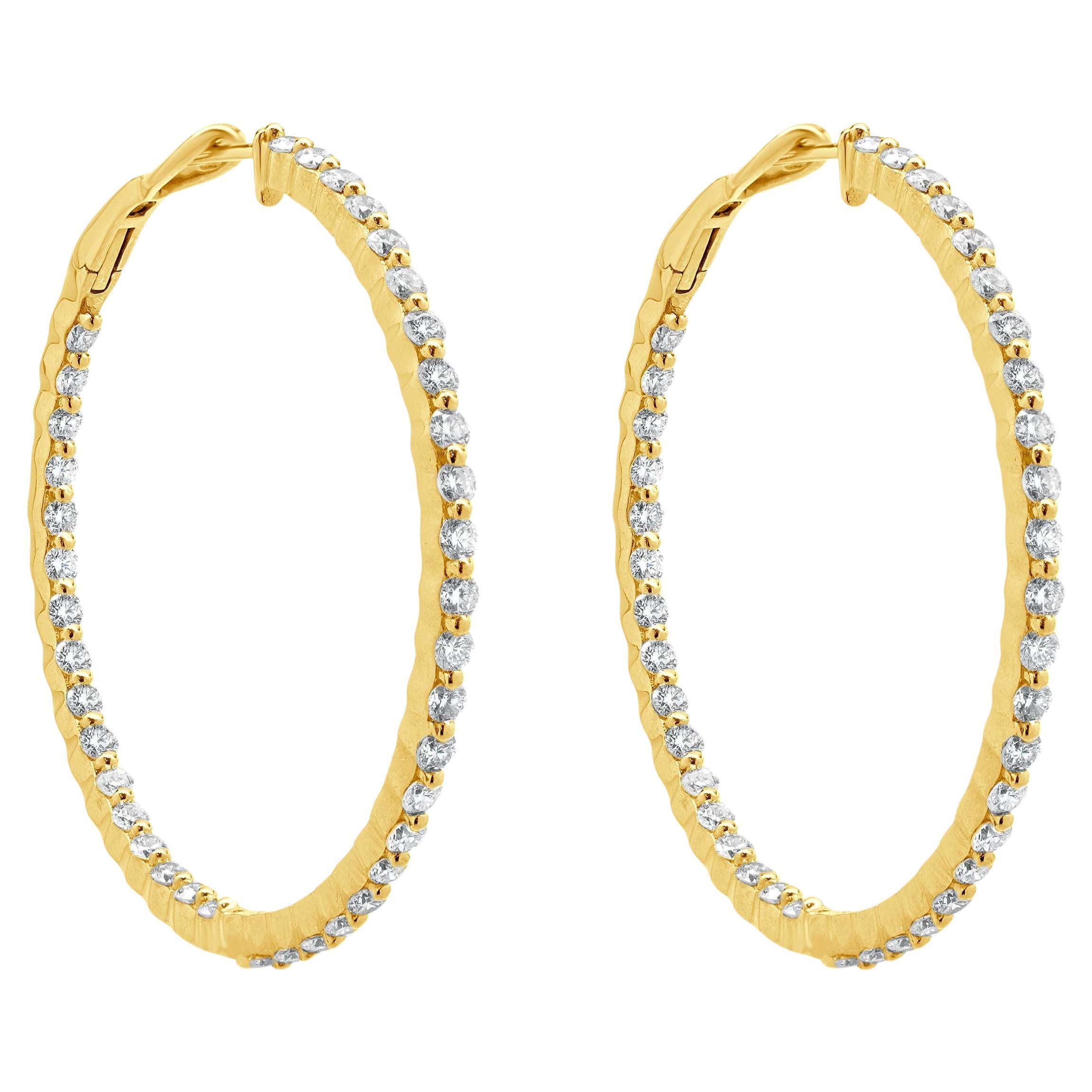 14 Karat Yellow Gold Diamond Inside Outside Hoop Earrings
