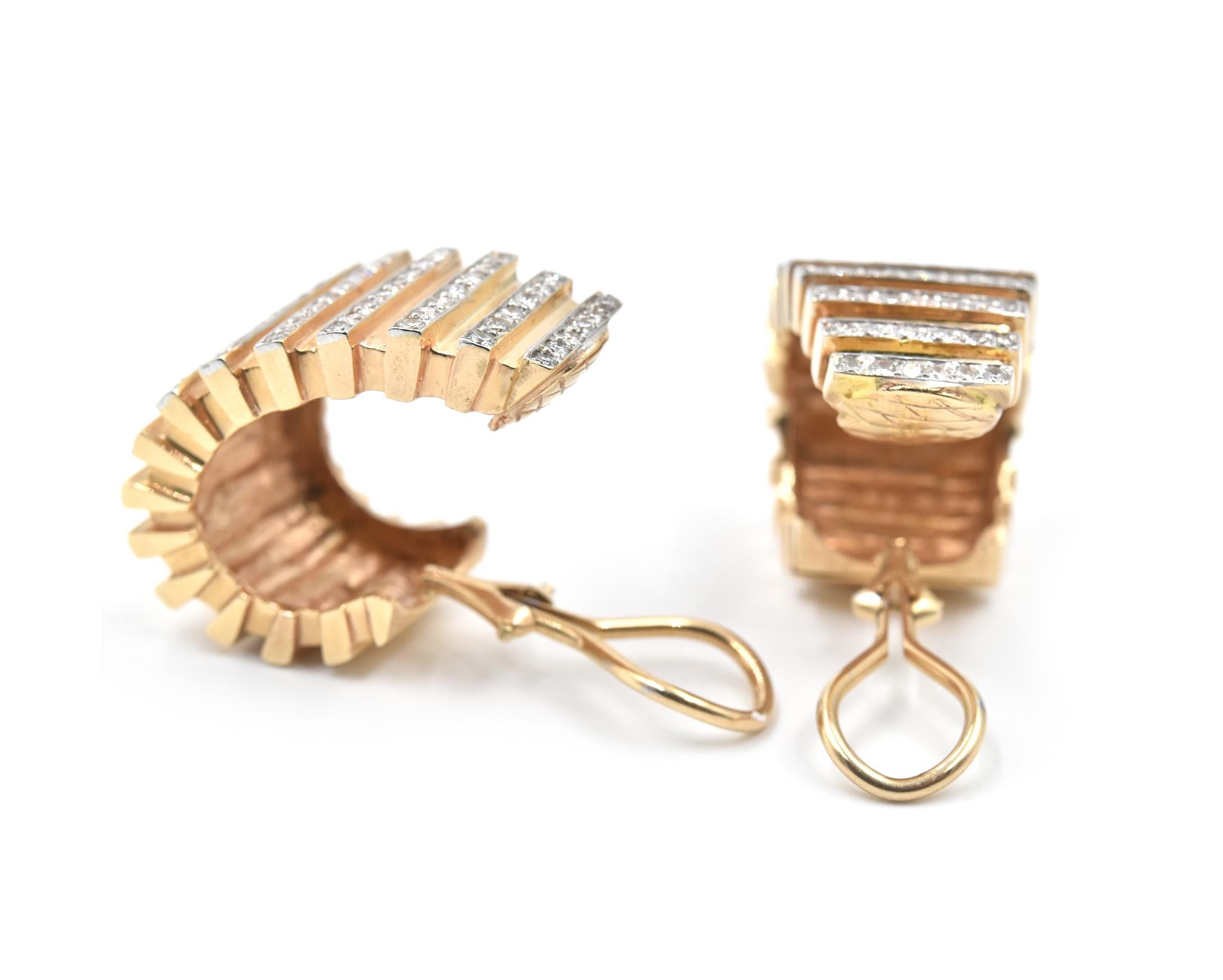 14 Karat Yellow Gold Diamond J Style Omega Non-Pierced Earrings In Excellent Condition In Scottsdale, AZ