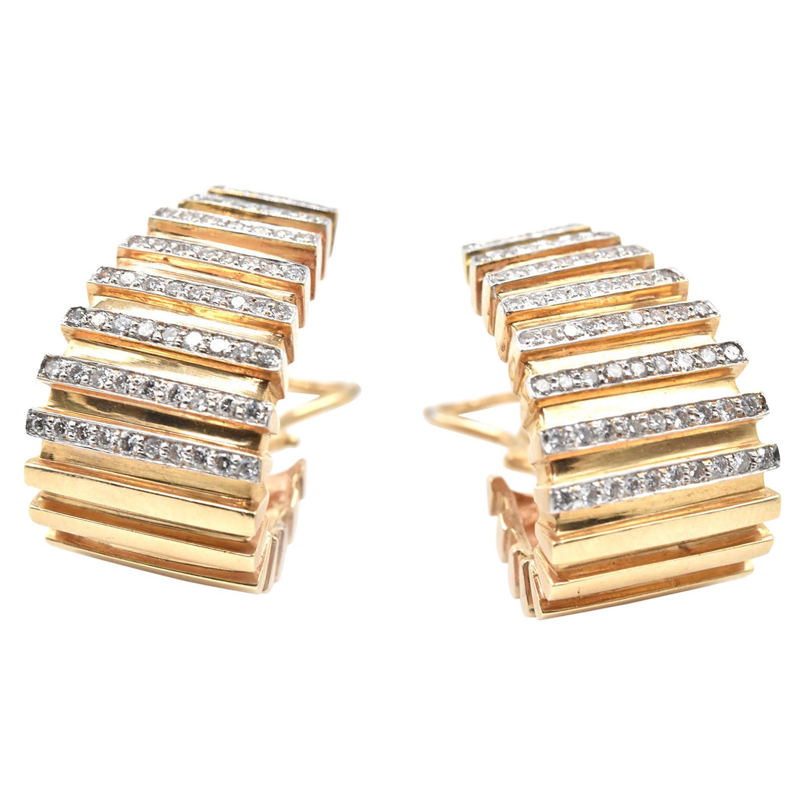 14 Karat Yellow Gold Diamond J Style Omega Non-Pierced Earrings