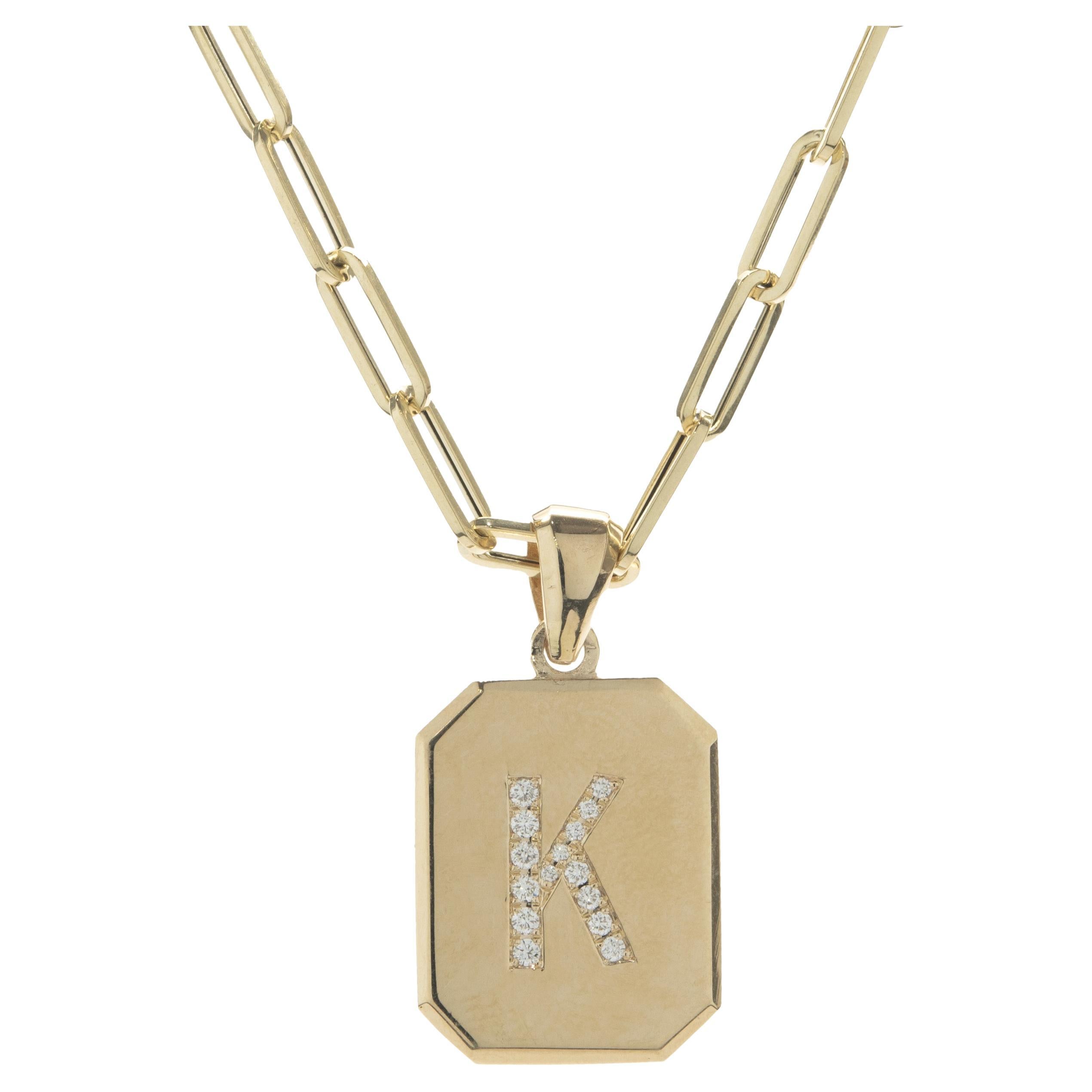 14 Karat Yellow Gold Diamond K Dog Tag Necklace For Sale at 1stDibs