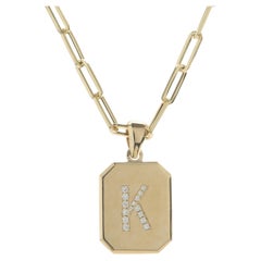14 Karat Yellow Gold Diamond K Dog Tag Necklace