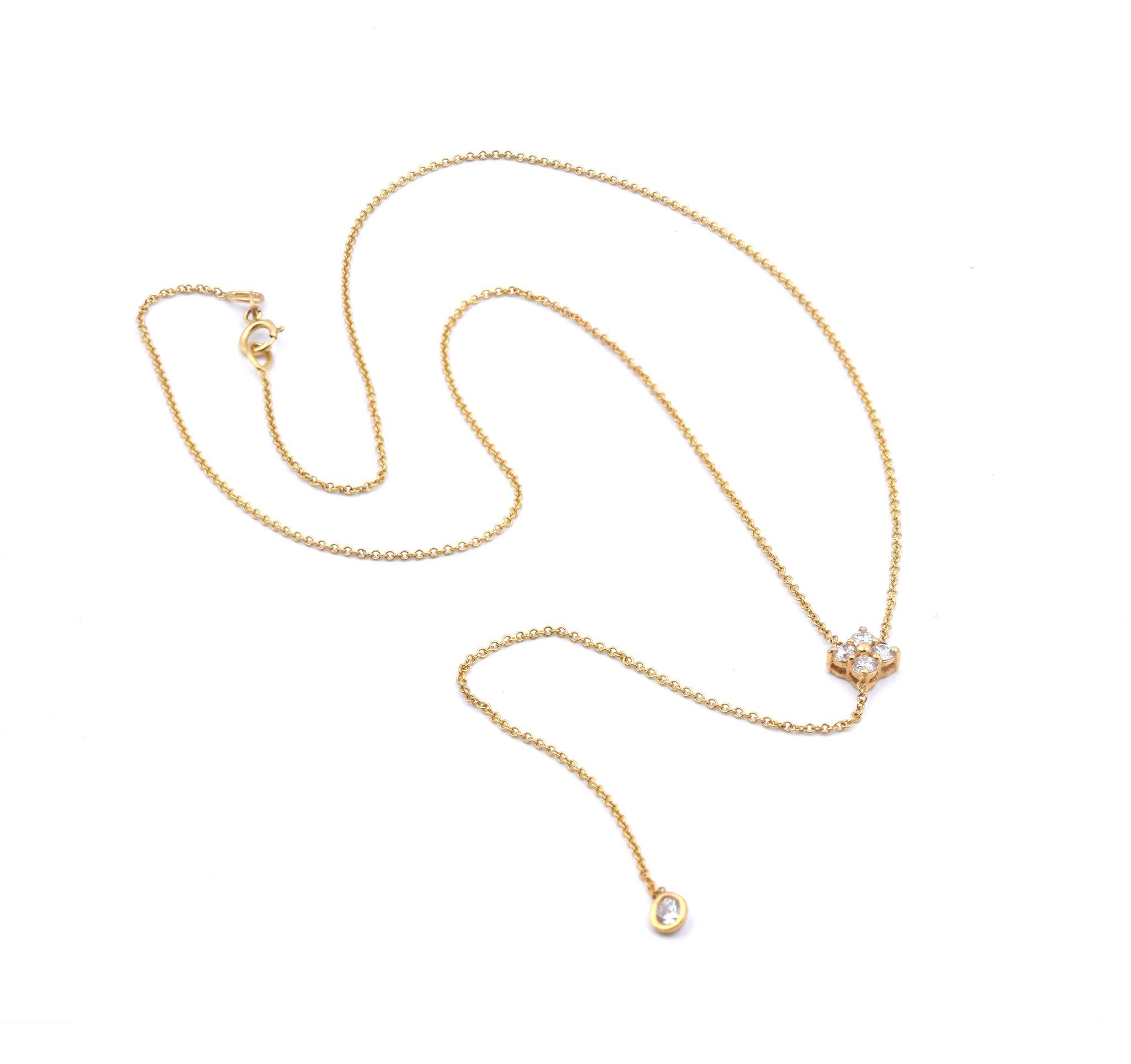 Material: 14k Yellow Gold 
Diamonds: 5 round brilliant cuts = 0.27cttw 
Color: G 
Clarity: VS
Measurement: necklace is 16 inches in length
Weight: 1.79 grams