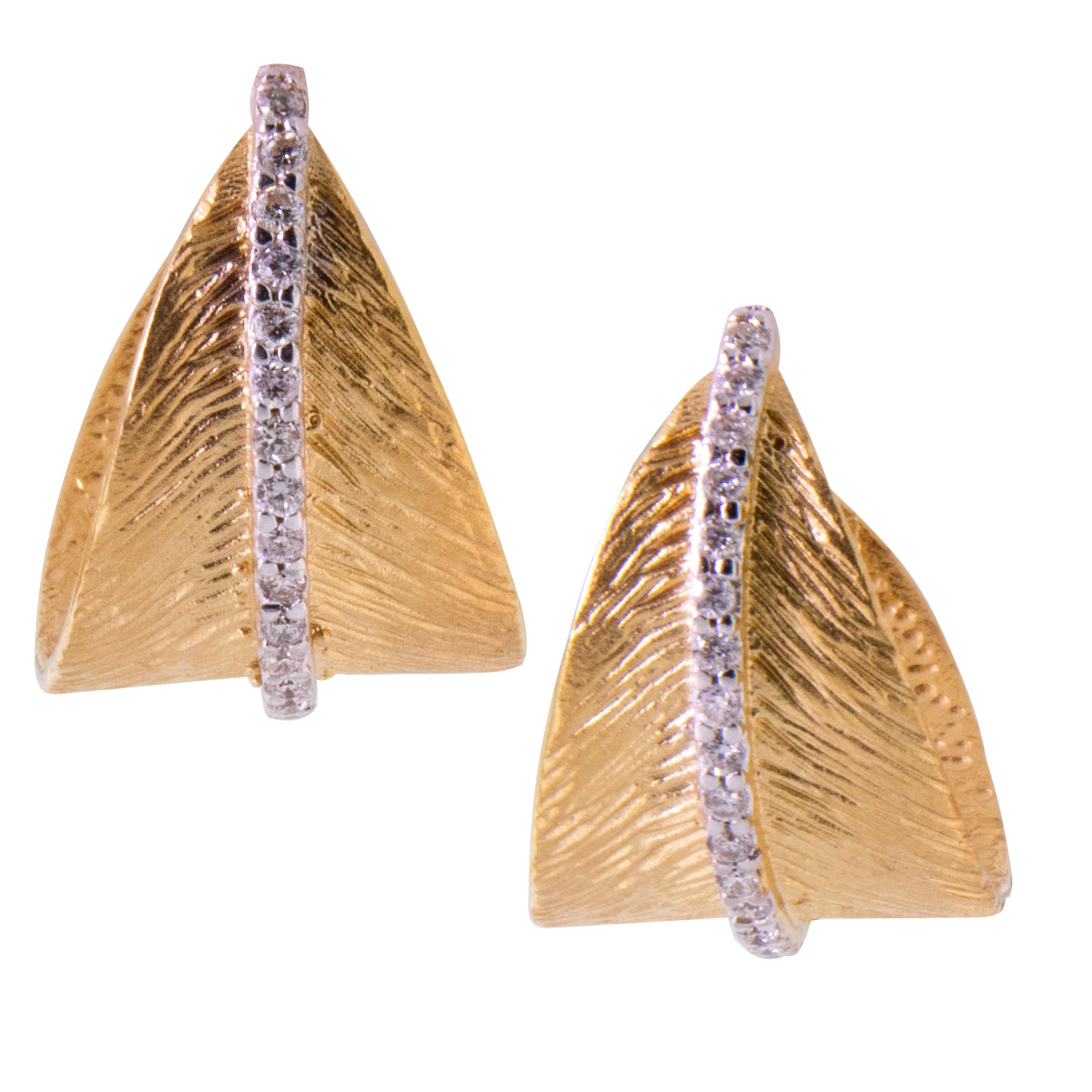 14 Karat Yellow Gold Diamond Leaf Motif Hoop Earrings by R. Reiss