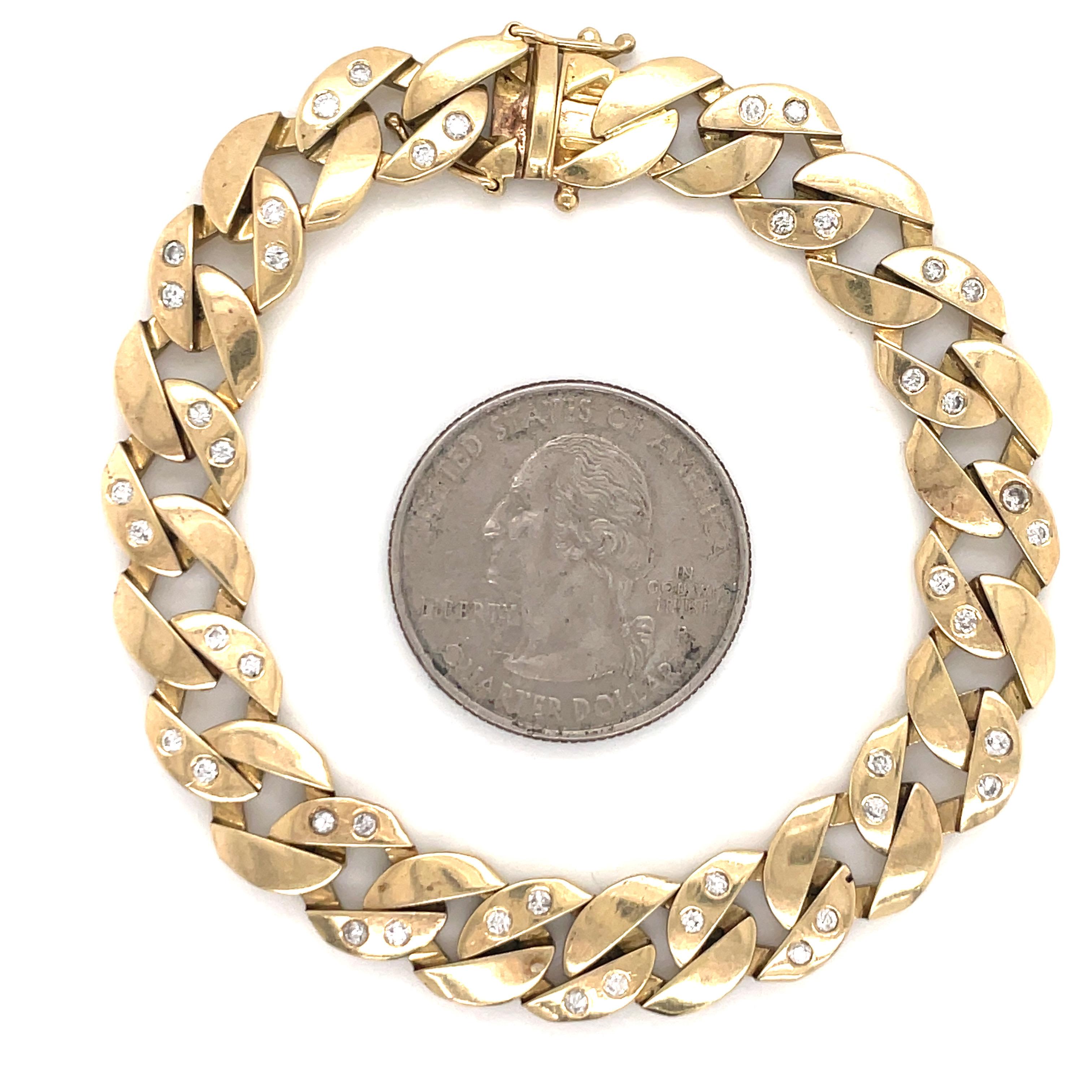 Women's or Men's 14 Karat Yellow Gold Diamond Link Cuban Bracelet 0.66 Carat 28.6 Grams For Sale