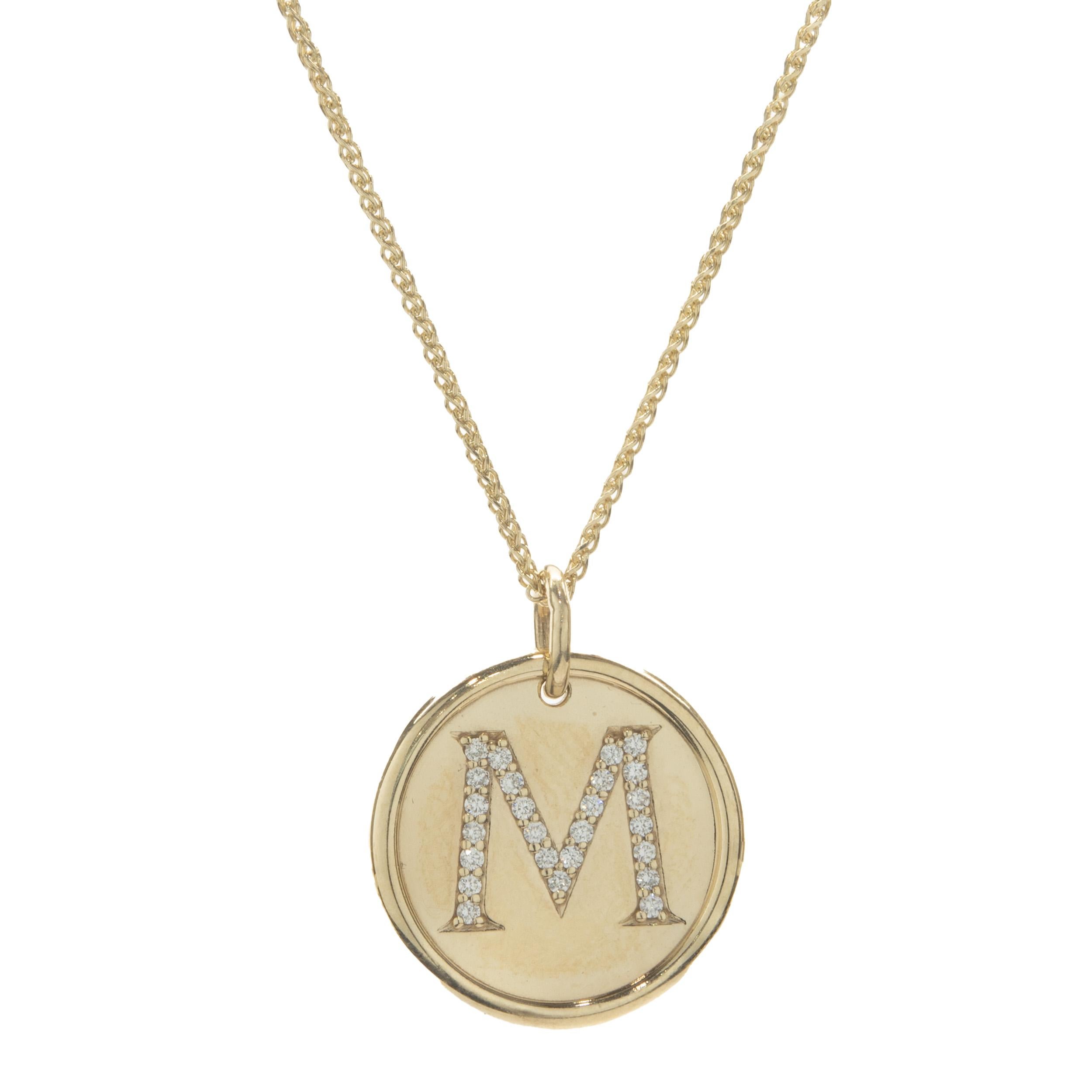 14 Karat Yellow Gold Diamond M Necklace For Sale