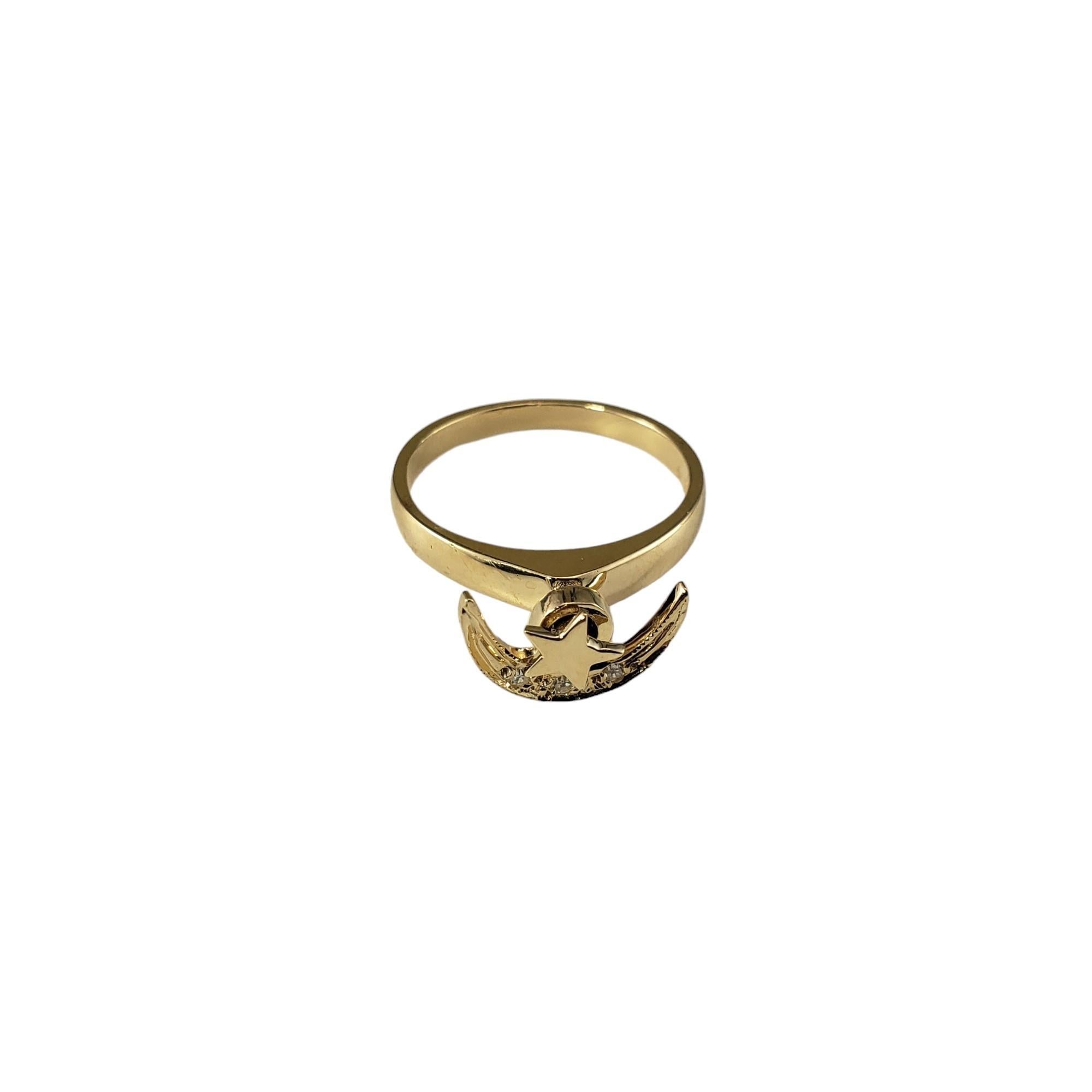 14 Karat Yellow Gold and Diamond Moon and Star Spinner Ring Size 5.5

This lovely spinning moon and star ring features three round single cut diamonds set in beautifully detailed 14K yellow gold.  

Width: 11.5 mm.  Shank: 2 mm.

Approximate total