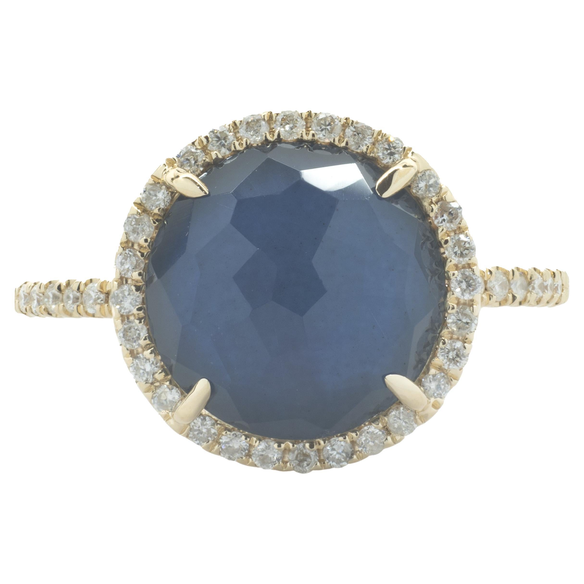 14 Karat Yellow Gold Diamond, Mother of Pearl, and Blue Quartz Rock Candy Ring