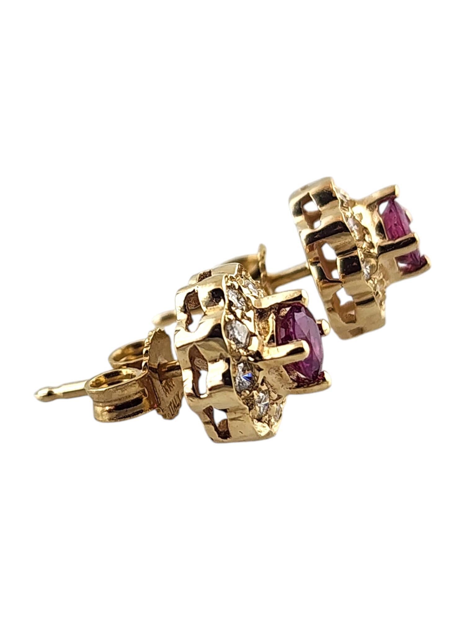 Round Cut 14 Karat Yellow Gold Diamond & Natural Pink Sapphire Halo Stud Earrings #19021 For Sale
