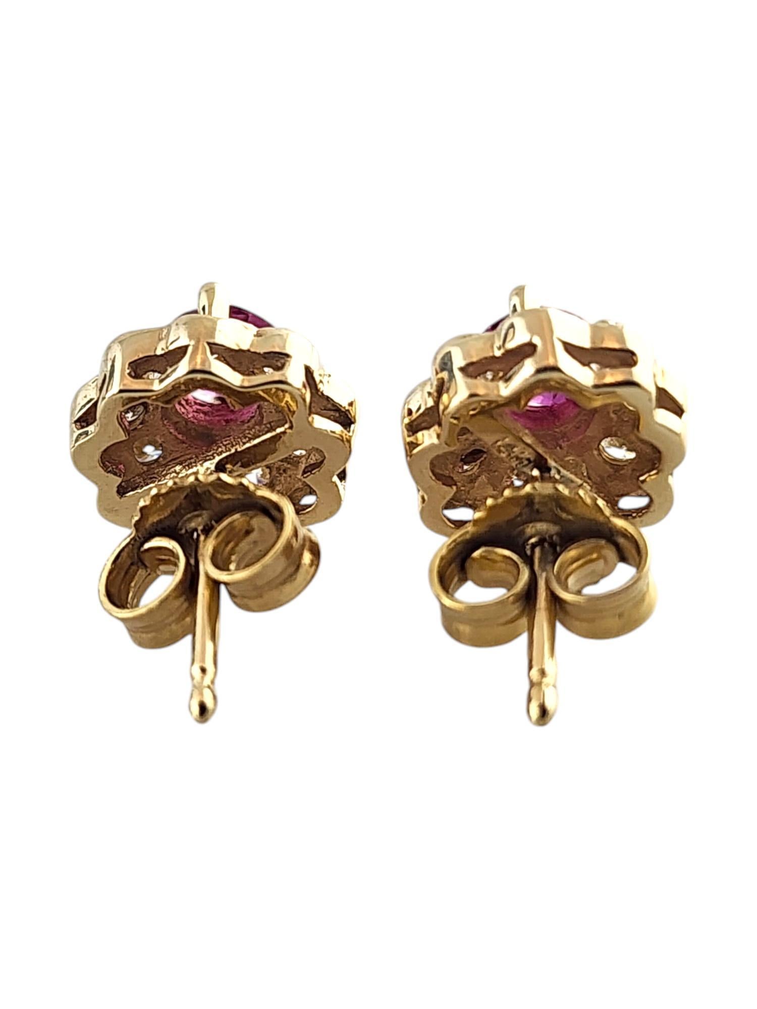 14 Karat Yellow Gold Diamond & Natural Pink Sapphire Halo Stud Earrings #19021 In Good Condition For Sale In Washington Depot, CT