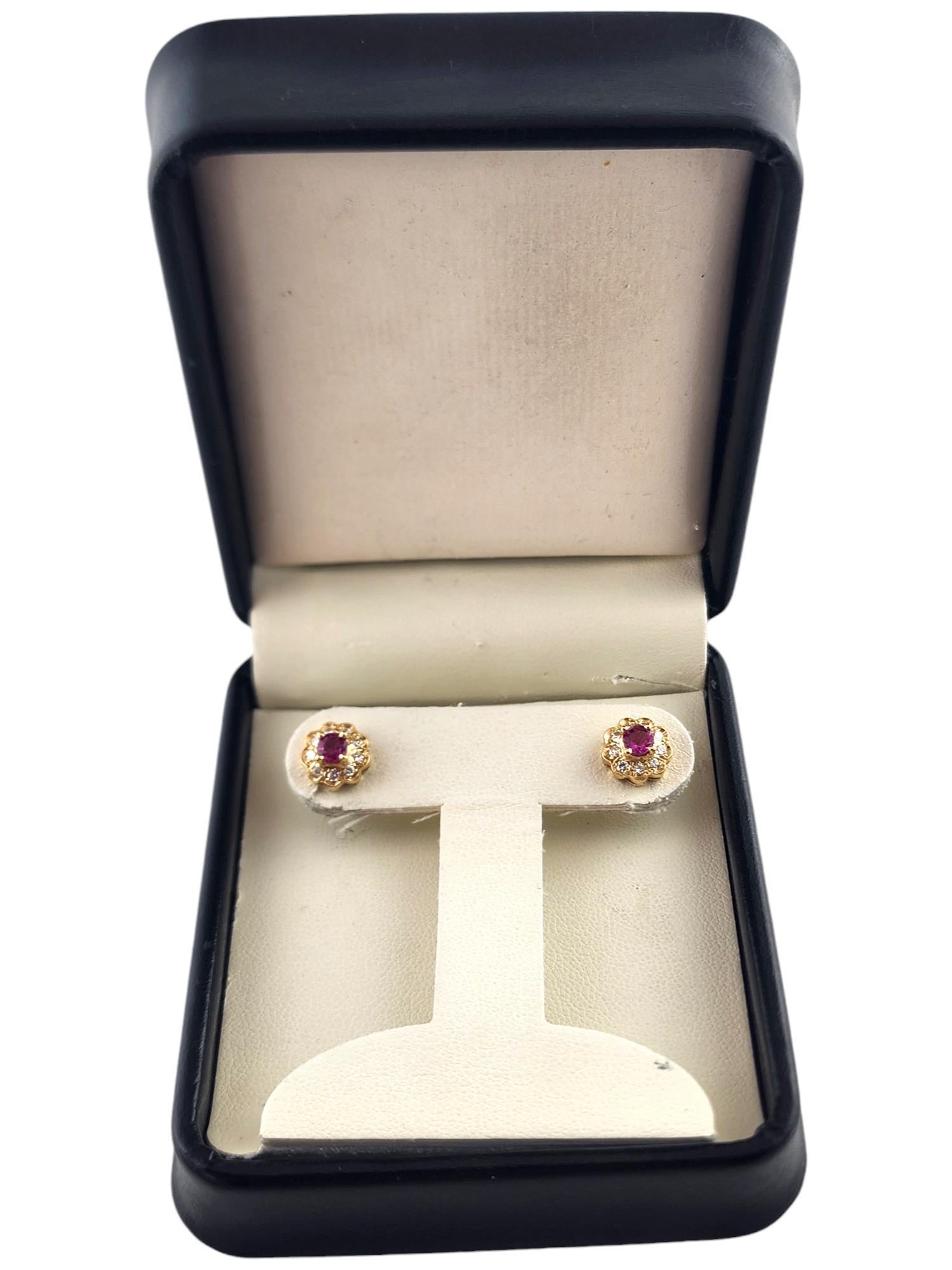 14 Karat Yellow Gold Diamond & Natural Pink Sapphire Halo Stud Earrings #19021 For Sale 1