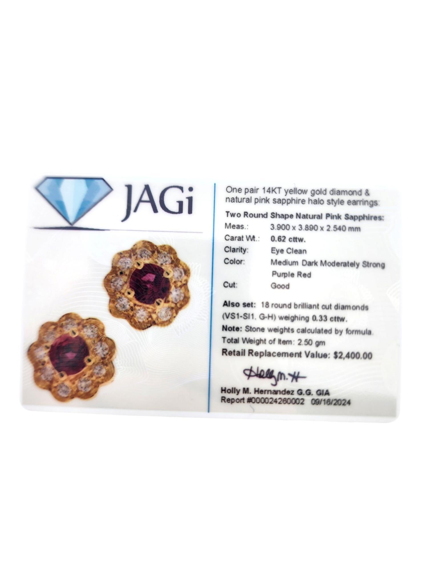 14 Karat Yellow Gold Diamond & Natural Pink Sapphire Halo Stud Earrings #19021 For Sale 2