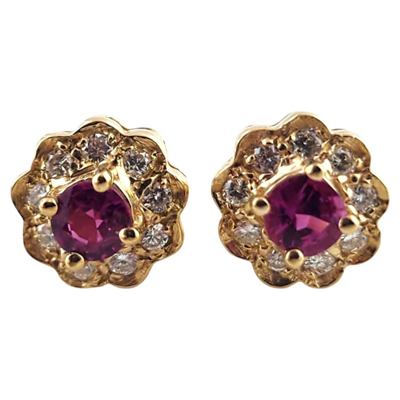 14 Karat Yellow Gold Diamond & Natural Pink Sapphire Halo Stud Earrings #19021