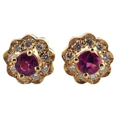 14 Karat Yellow Gold Diamond & Natural Pink Sapphire Halo Stud Earrings #19021