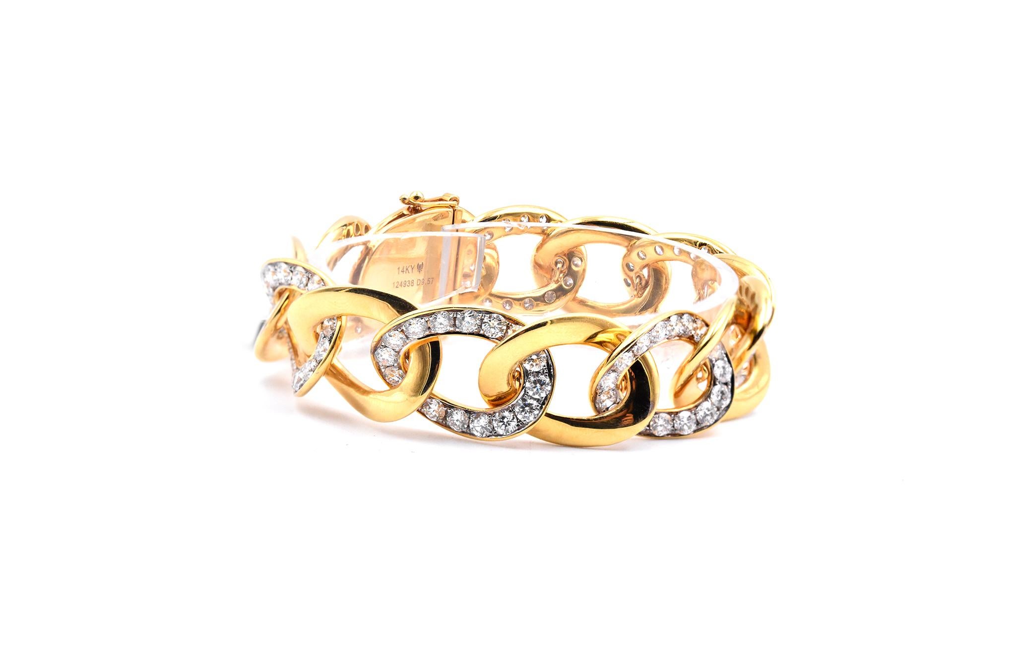 Material: 14K yellow gold
Diamonds:  112 round cut = 9.57cttw
Color: G
Clarity: VS1
Dimensions: bracelet will fit up to a 7-inch wrist
Weight: 49.66 grams
