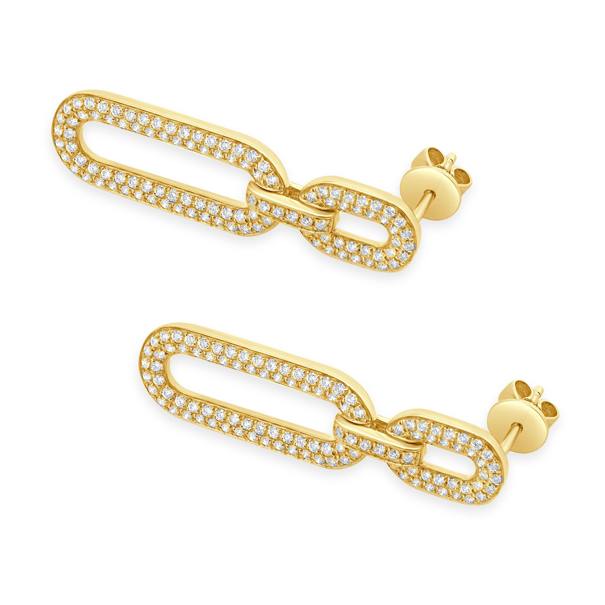 Taille ronde Boucles d'oreilles pendantes en or jaune 14 carats à maillons en forme de trombone et diamants en vente