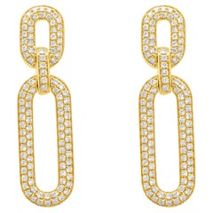 Boucles d'oreilles pendantes en or jaune 14 carats à maillons en forme de trombone et diamants