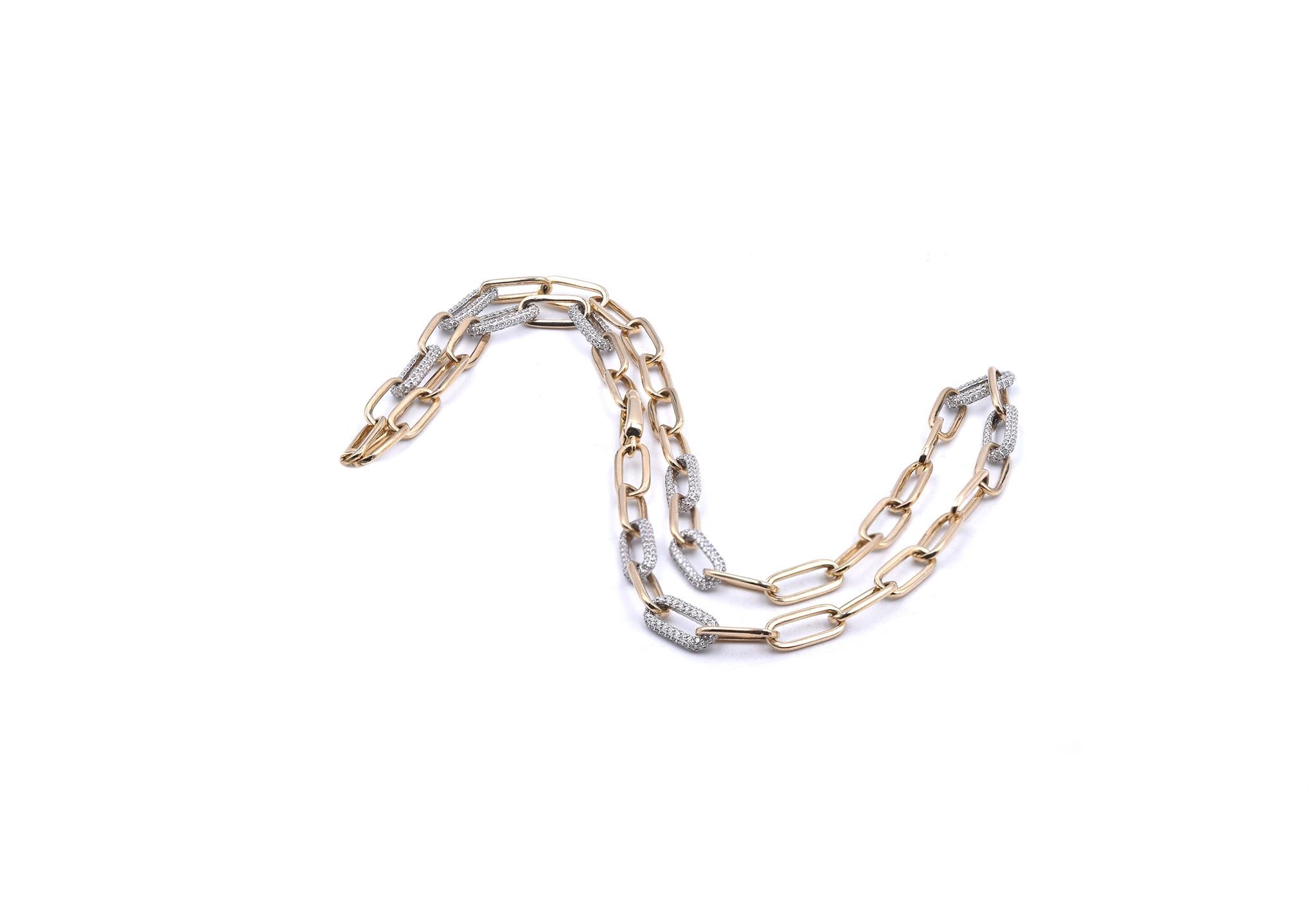 Round Cut 14 Karat Yellow Gold Diamond Paperclip Link Necklace