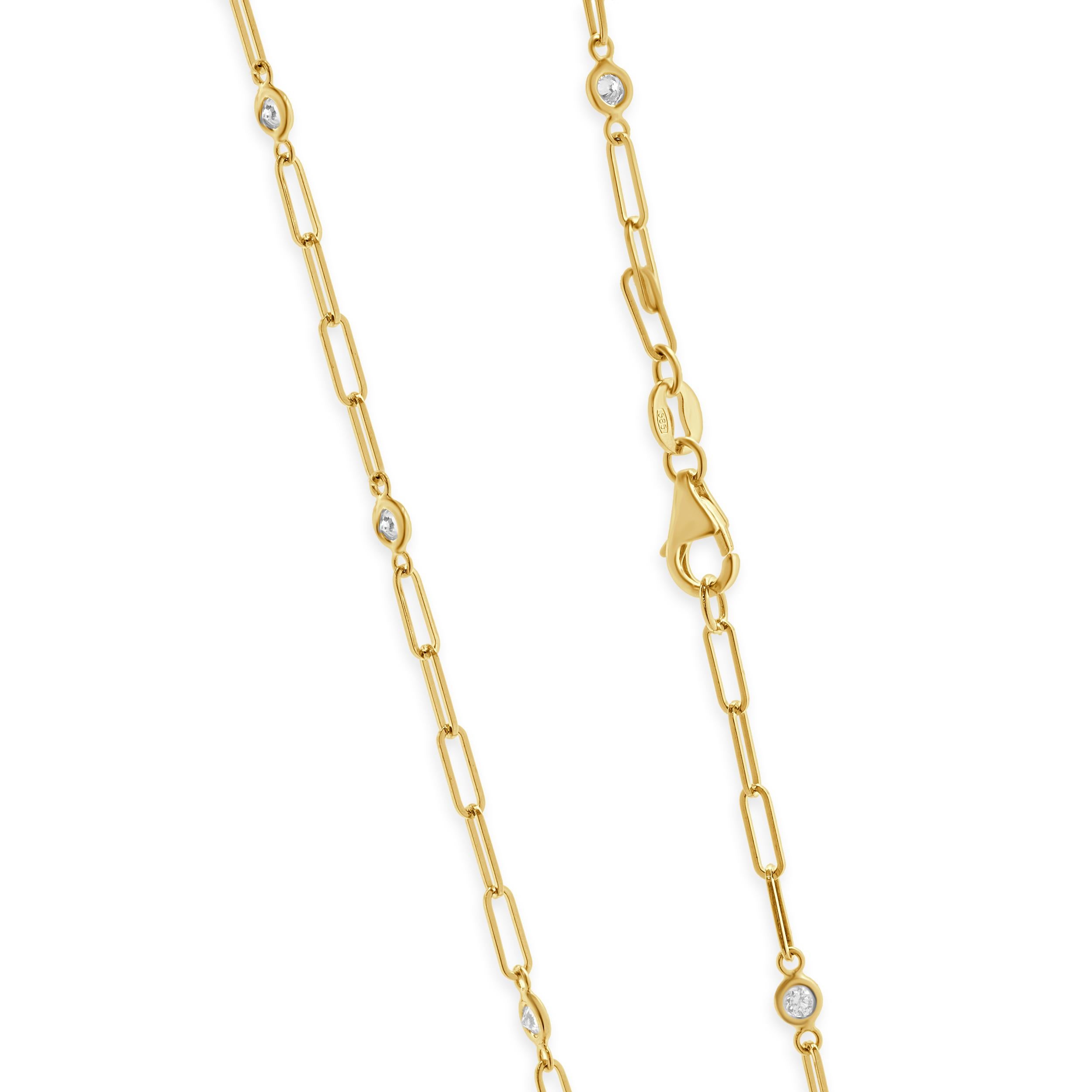 Round Cut 14 Karat Yellow Gold Diamond Paperclip Station Necklace For Sale