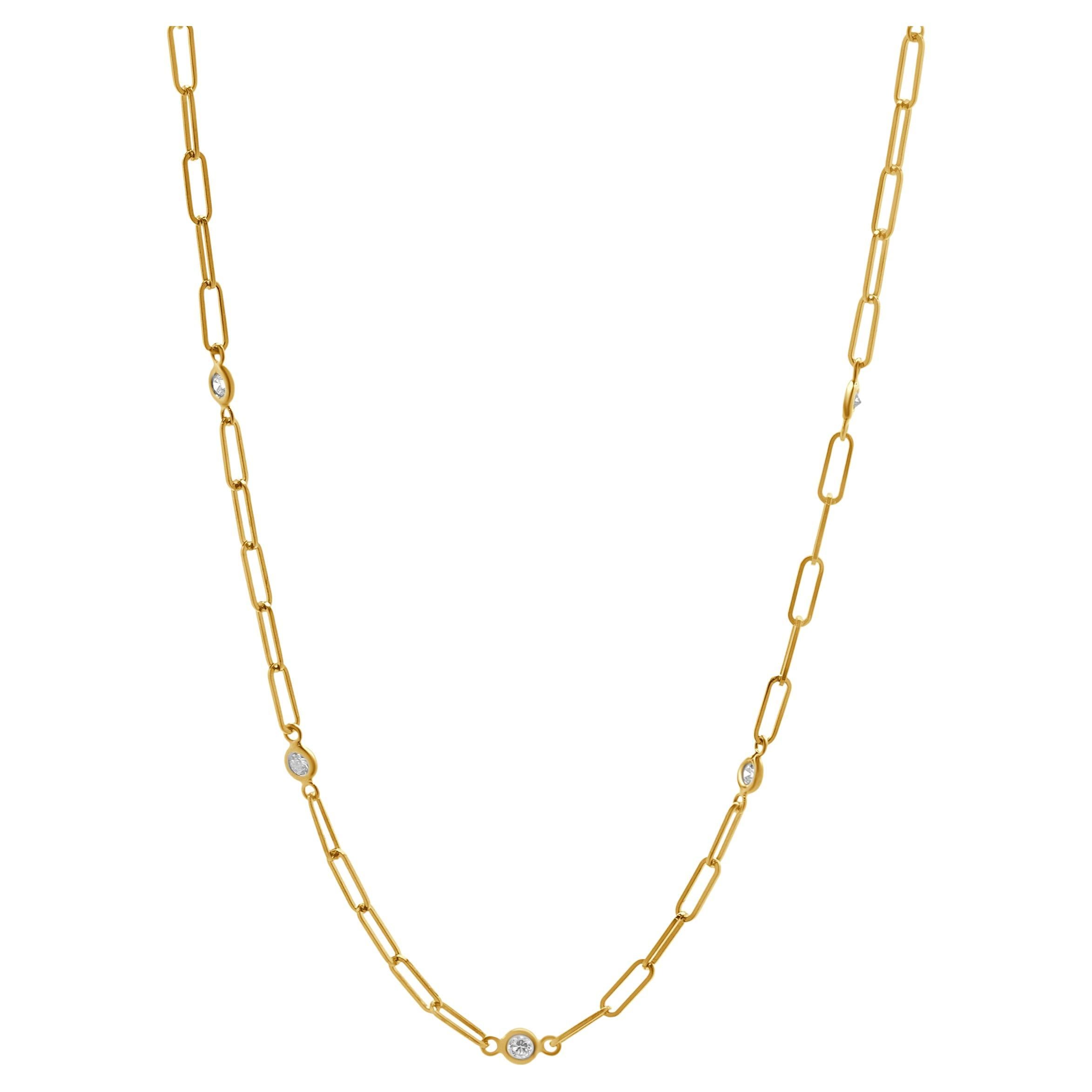 14 Karat Yellow Gold Diamond Paperclip Station Necklace For Sale