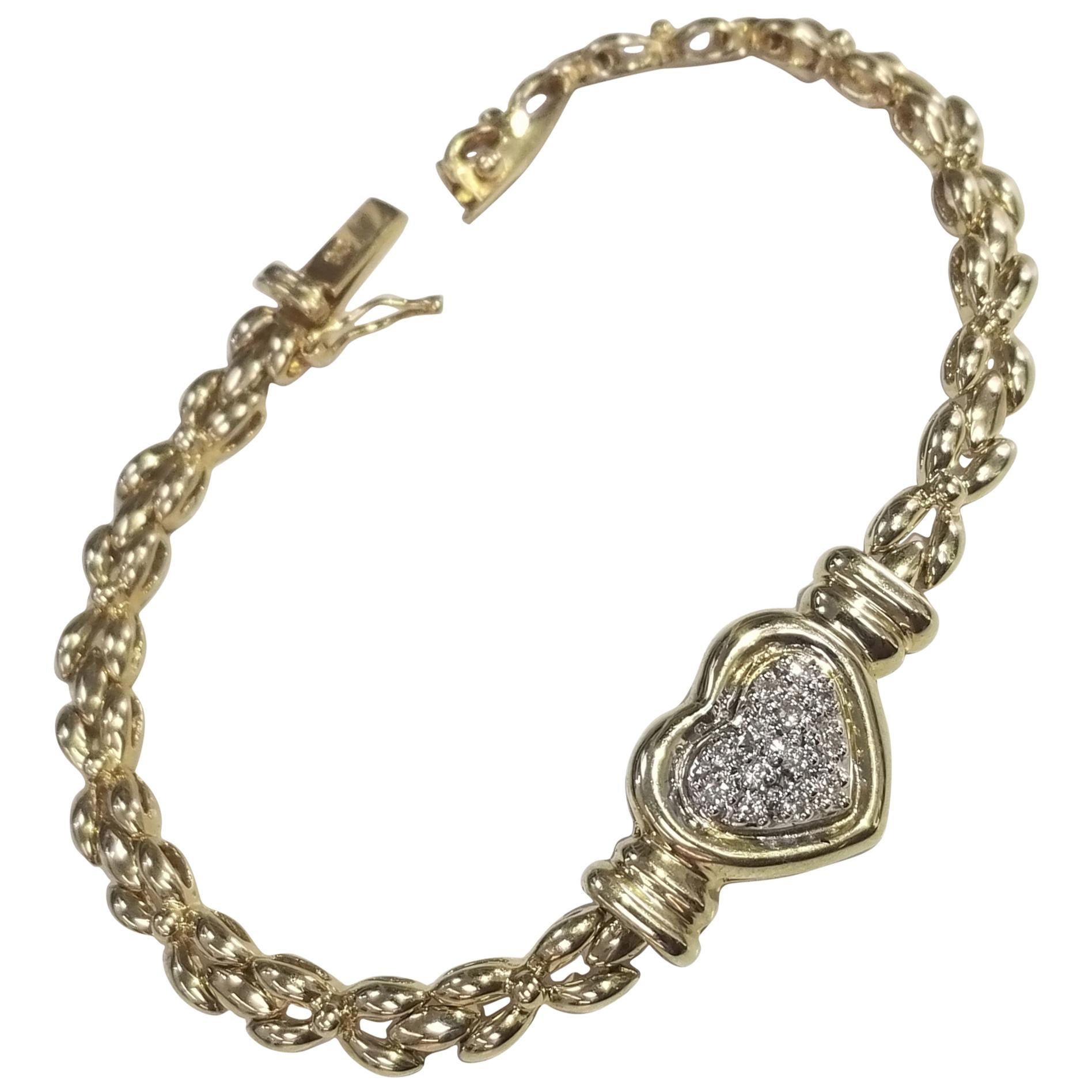 14 Karat Yellow Gold Diamond Pave' Heart Bracelet on Link Bracelet