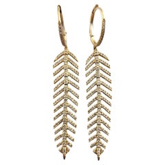 14 Karat Yellow Gold Diamond Pave Leaf Dangle Earrings #19017
