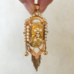 Antique 14K Gold Seed Pearl Tassel Pendant Brooch, 1860-1885