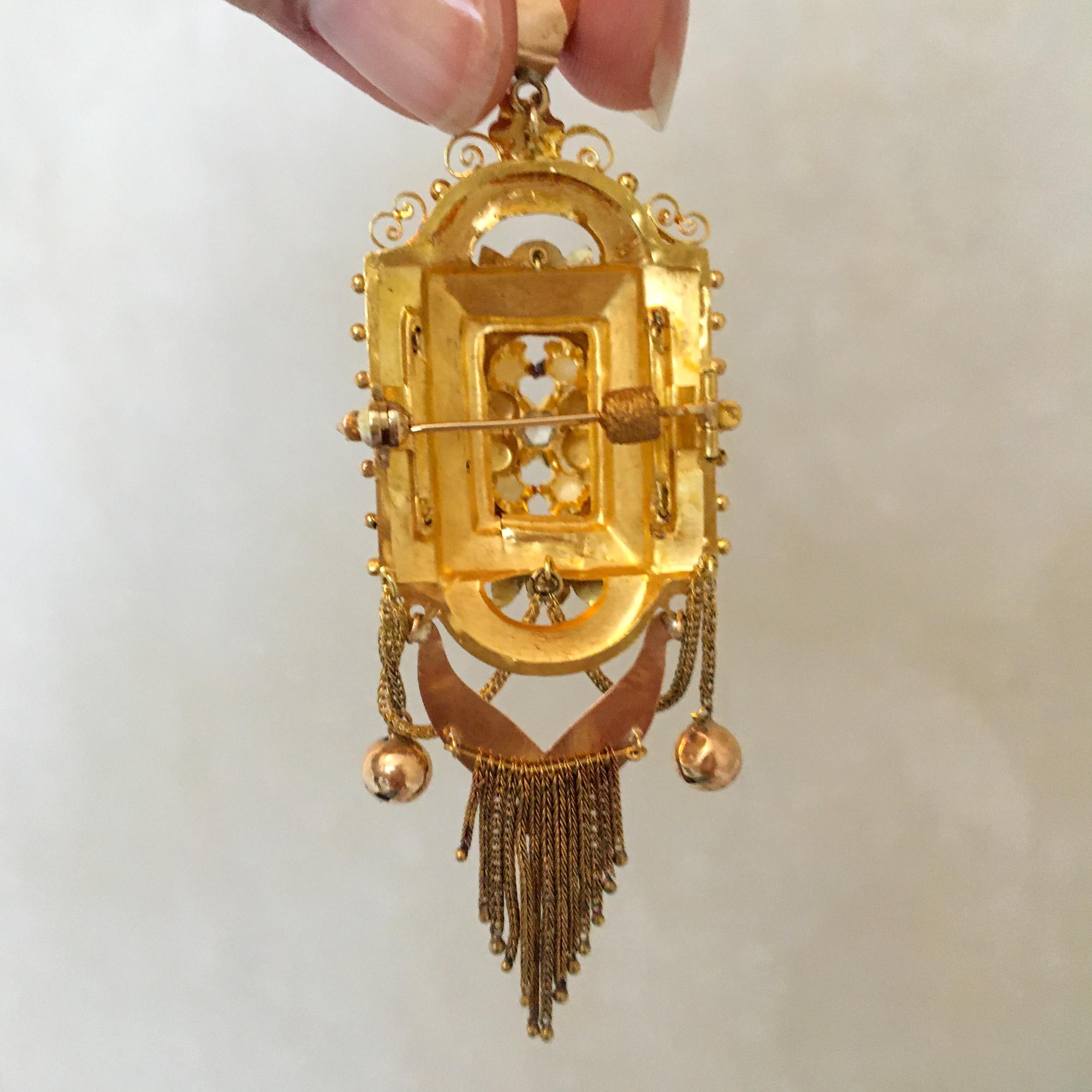 Antique 14K Yellow Gold Seed Pearl Tassel Pendant For Sale 1