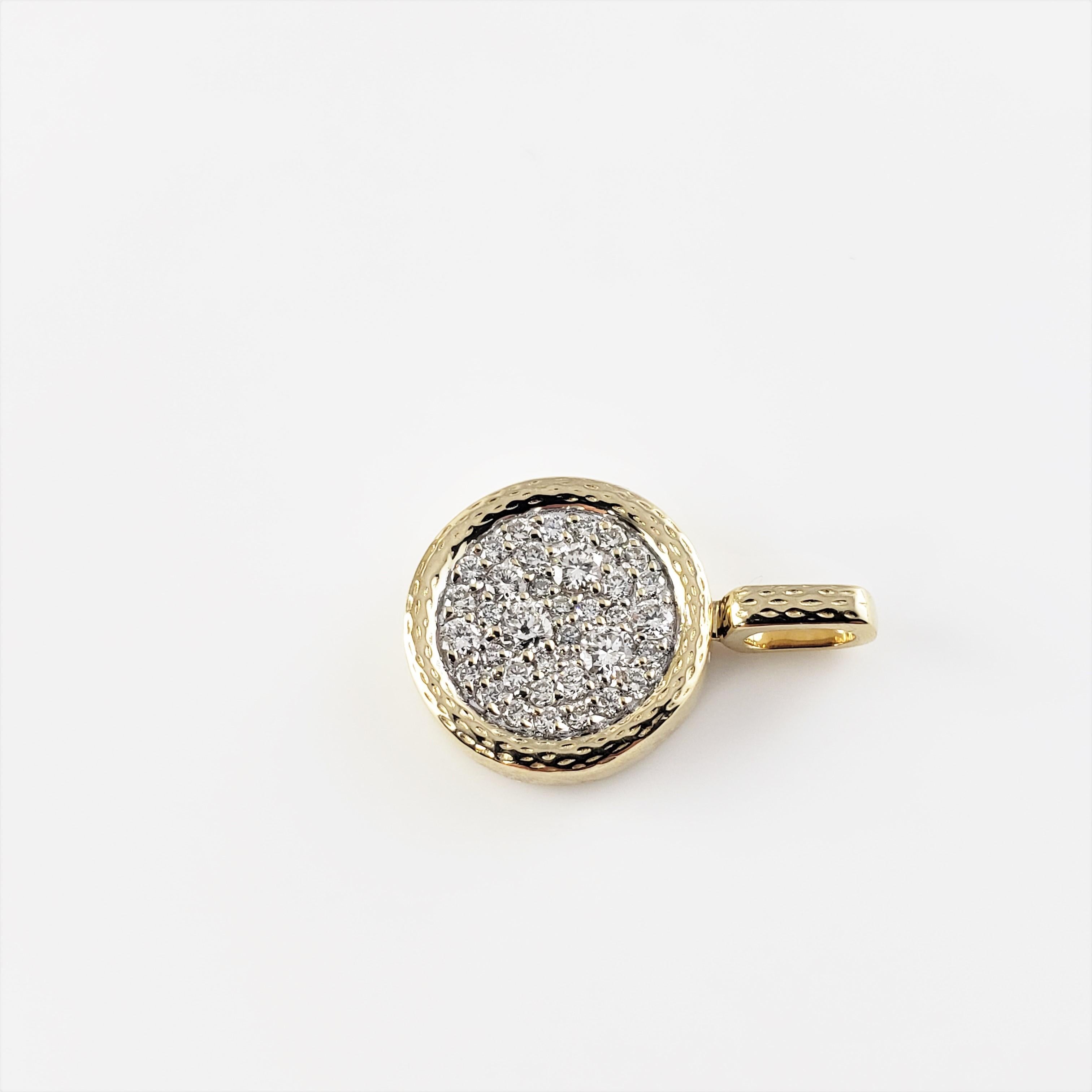 14 Karat Yellow Gold Diamond Pendant-

This sparkling pendant features 36 round brilliant cut diamonds set in classic 14K yellow gold.

Approximate total diamond weight:  .40 ct.

Diamond color:  G-H

Diamond clarity:  SI1-VS2

Size: 11 mm x 11 mm