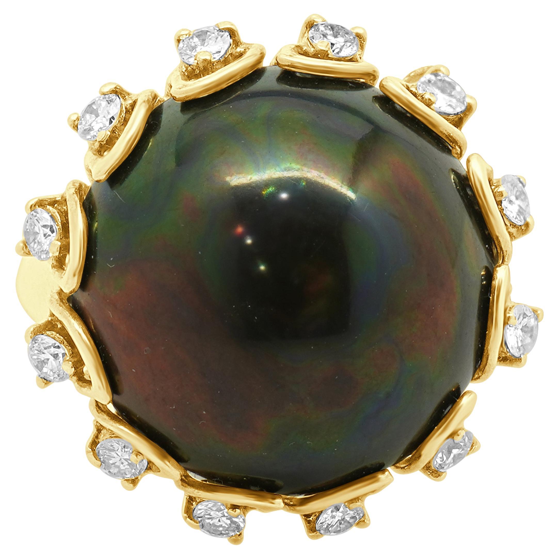 Bague en or jaune 14 carats diamant prune perle Mabe en vente