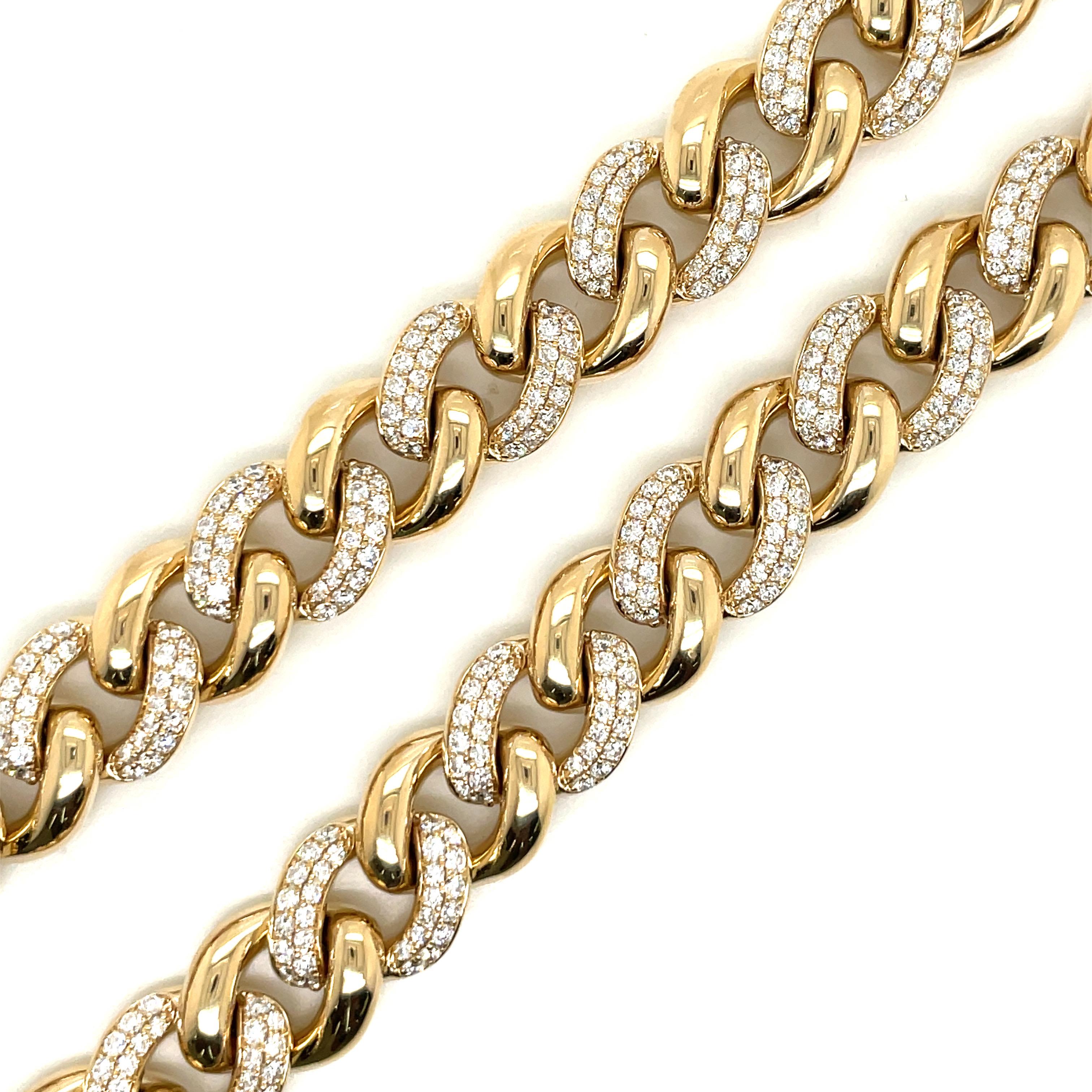 Contemporary 14 Karat Yellow Gold Diamond & Polished Cuban Link Necklace 11.9 Carats 81 Grams For Sale