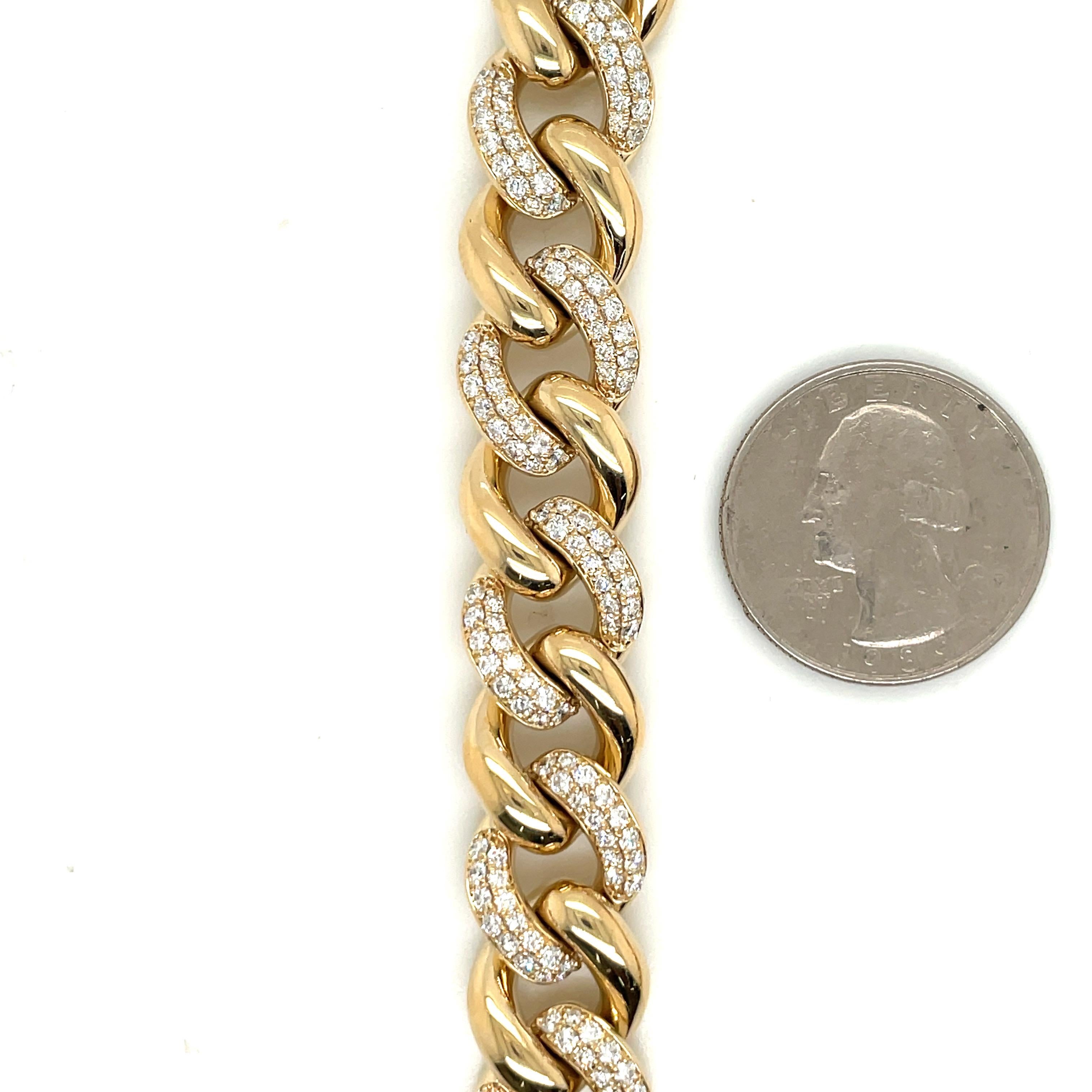 Round Cut 14 Karat Yellow Gold Diamond & Polished Cuban Link Necklace 11.9 Carats 81 Grams For Sale