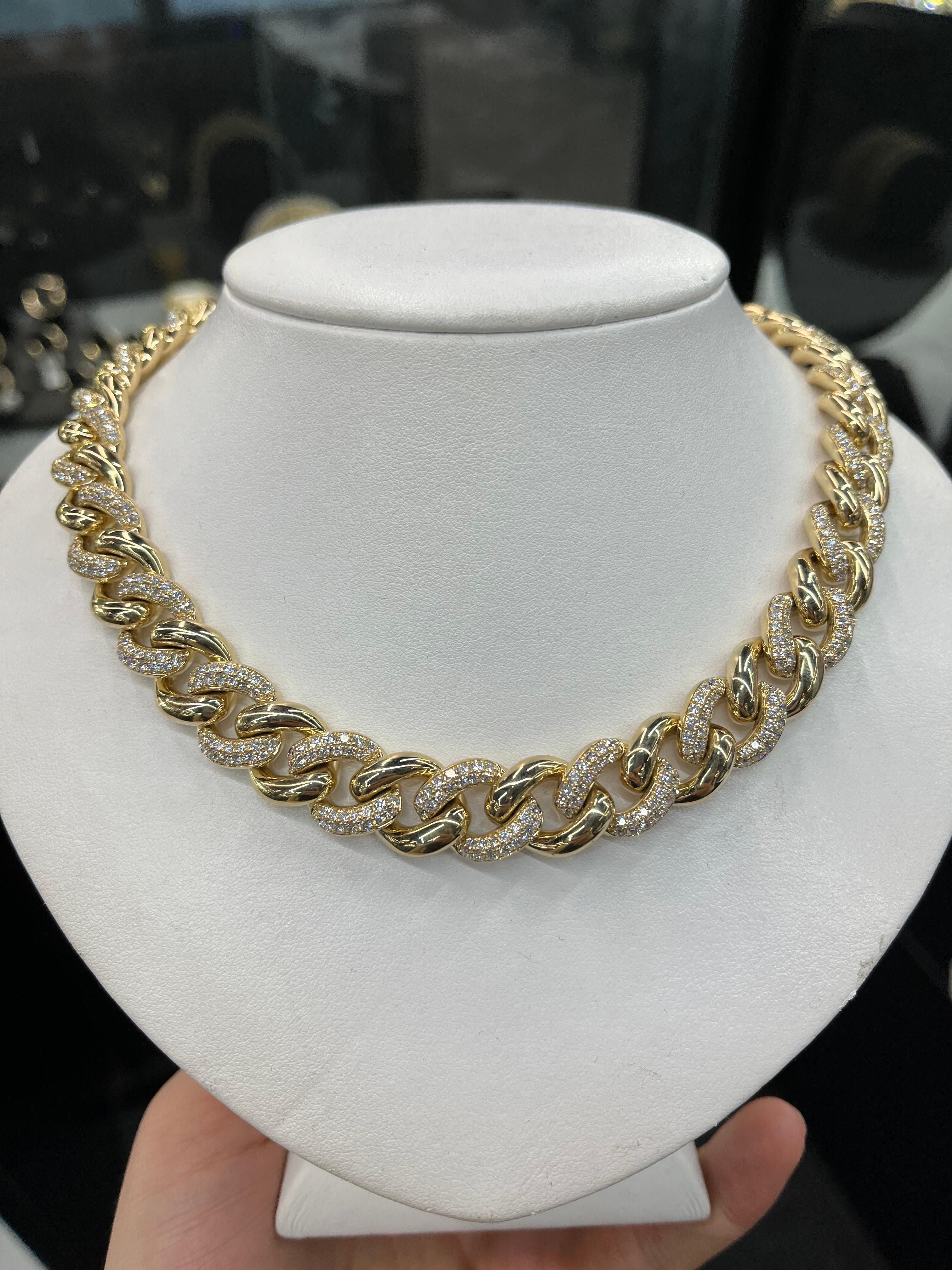 Women's 14 Karat Yellow Gold Diamond & Polished Cuban Link Necklace 11.9 Carats 81 Grams For Sale