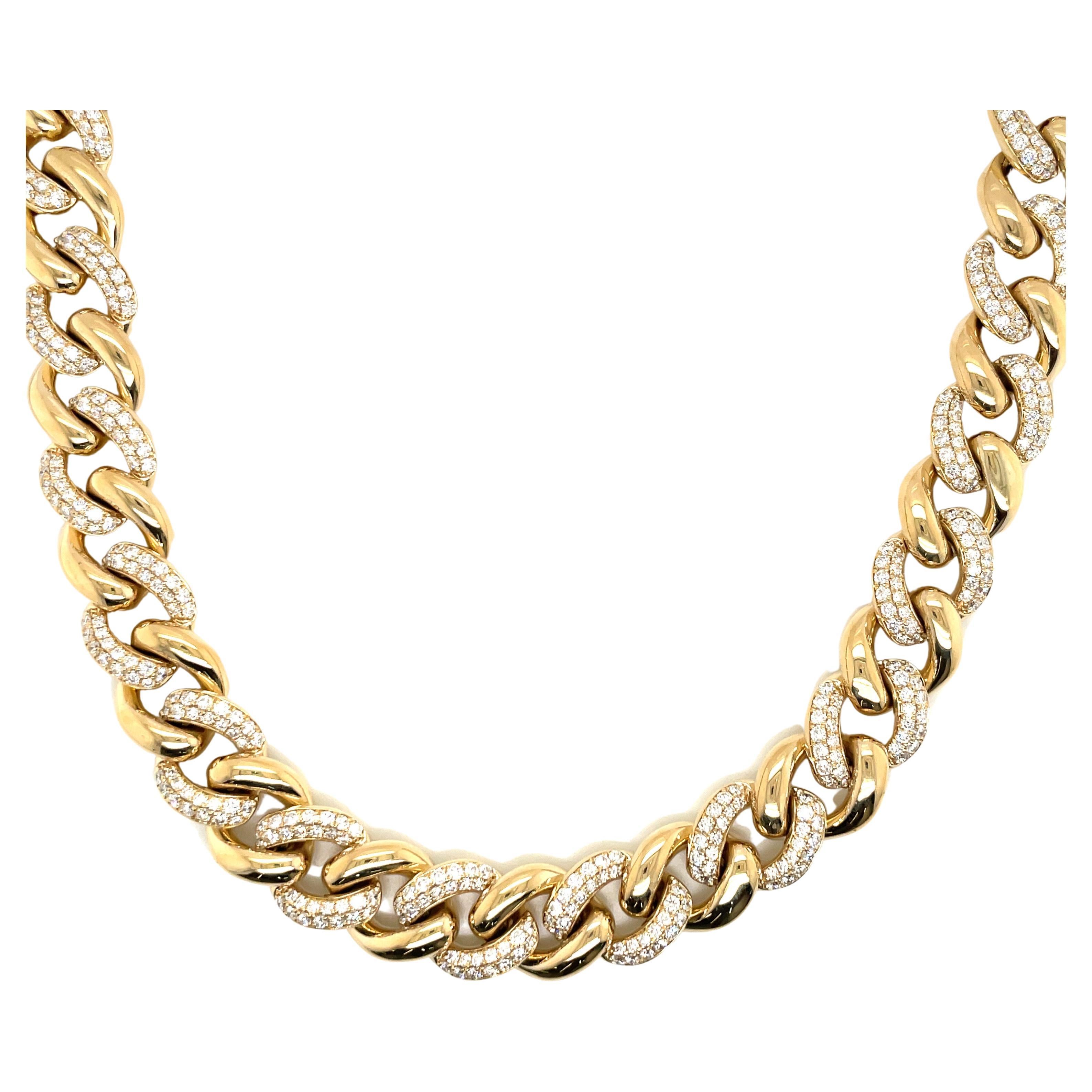 14 Karat Yellow Gold Diamond & Polished Cuban Link Necklace 11.9 Carats 81 Grams For Sale