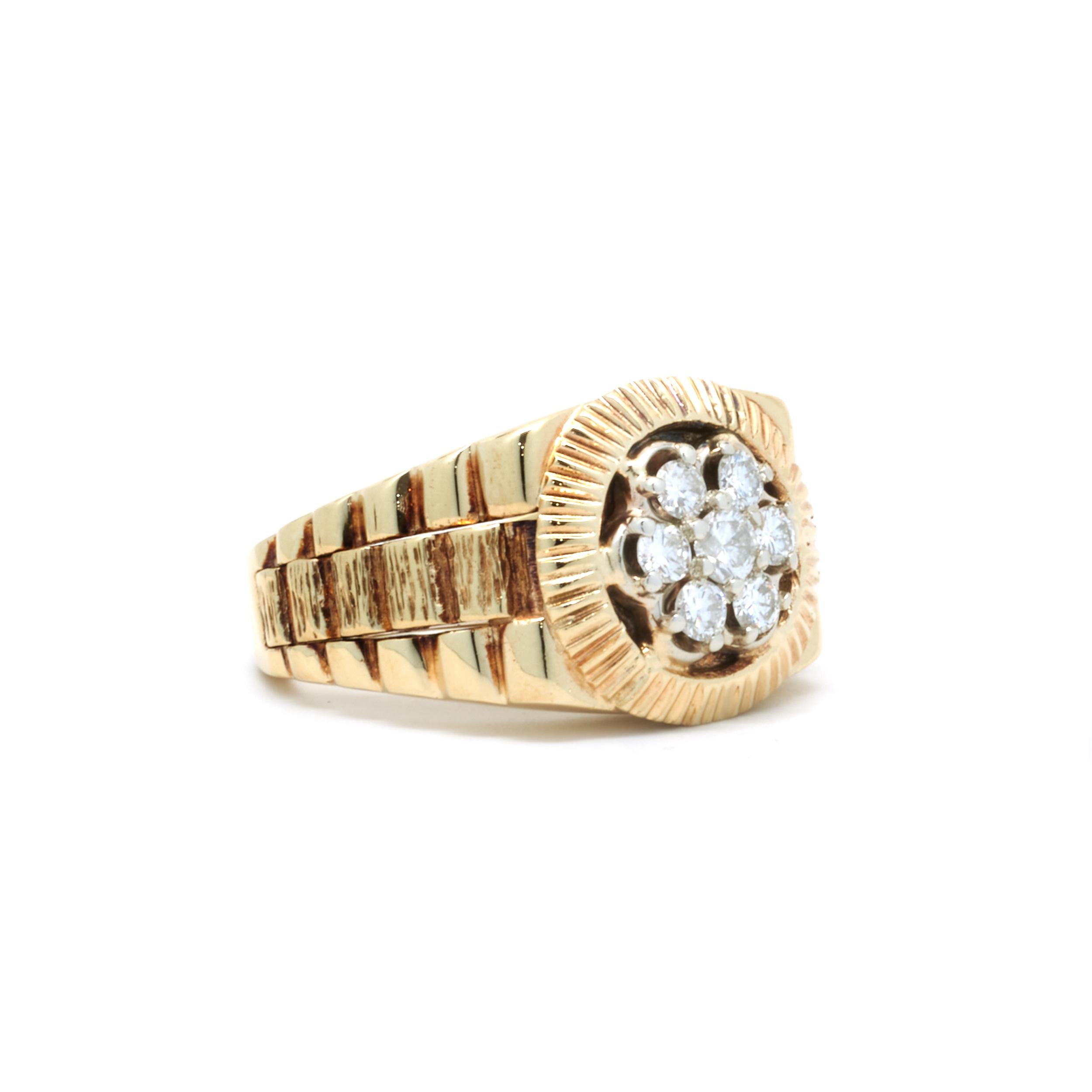 Designer: custom
Material: 14K yellow gold
Diamond: 7 round brilliant cut = .50cttw
Color: H
Clarity: SI1-2
Ring size: 8.25 (please allow two additional shipping days for sizing requests)
Weight:  14.03 grams