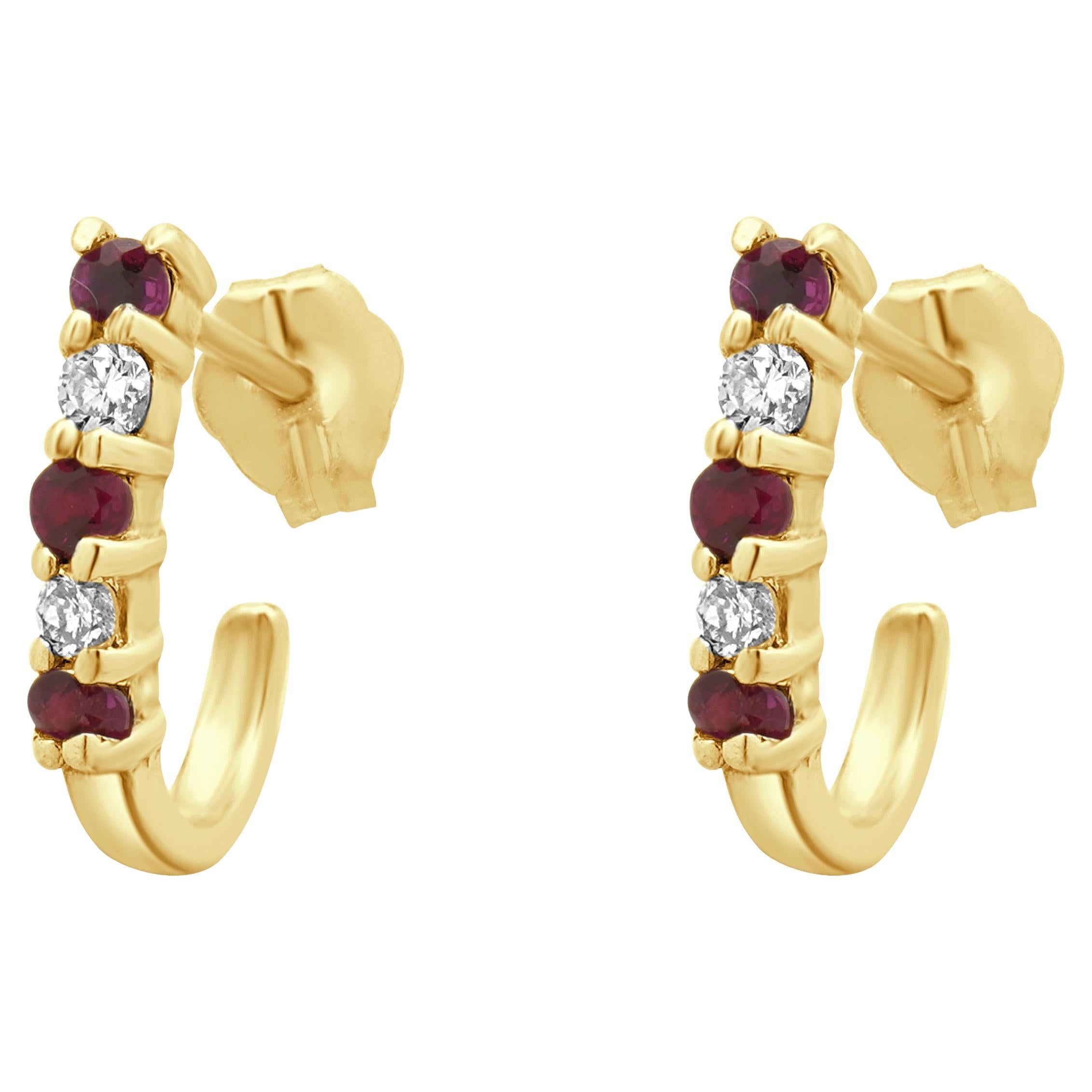 14 Karat Yellow Gold Diamond & Ruby Earrings For Sale