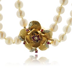 14 Karat Yellow Gold Diamond & Ruby Flower Necklace w/ Double Pearl Strand