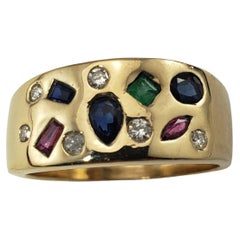 14 Karat Yellow Gold Diamond, Ruby, Sapphire and Emerald Ring Size 6.75