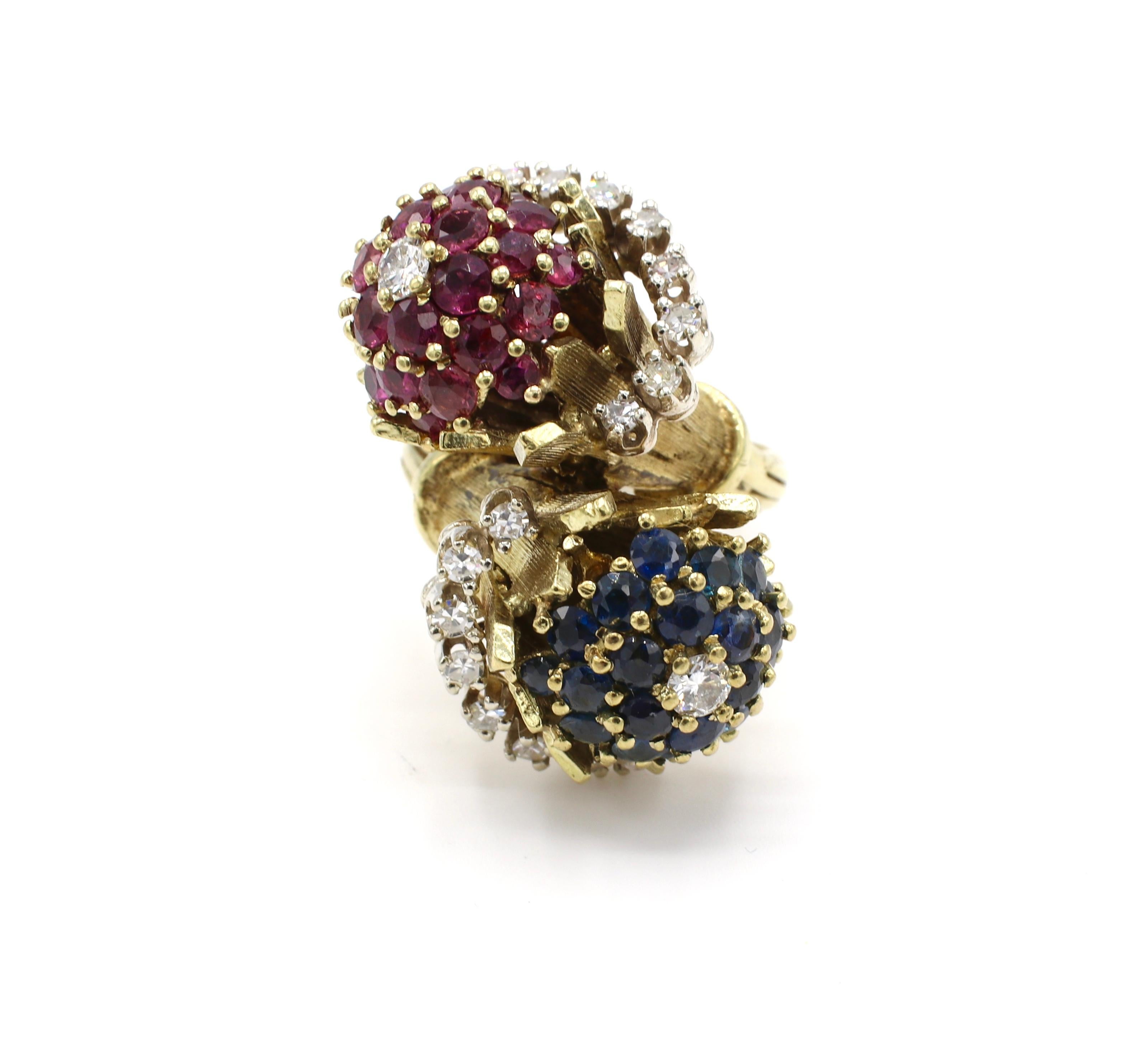 14 Karat Yellow Gold Diamond, Ruby and Sapphire Bypass Ring In Good Condition In  Baltimore, MD
