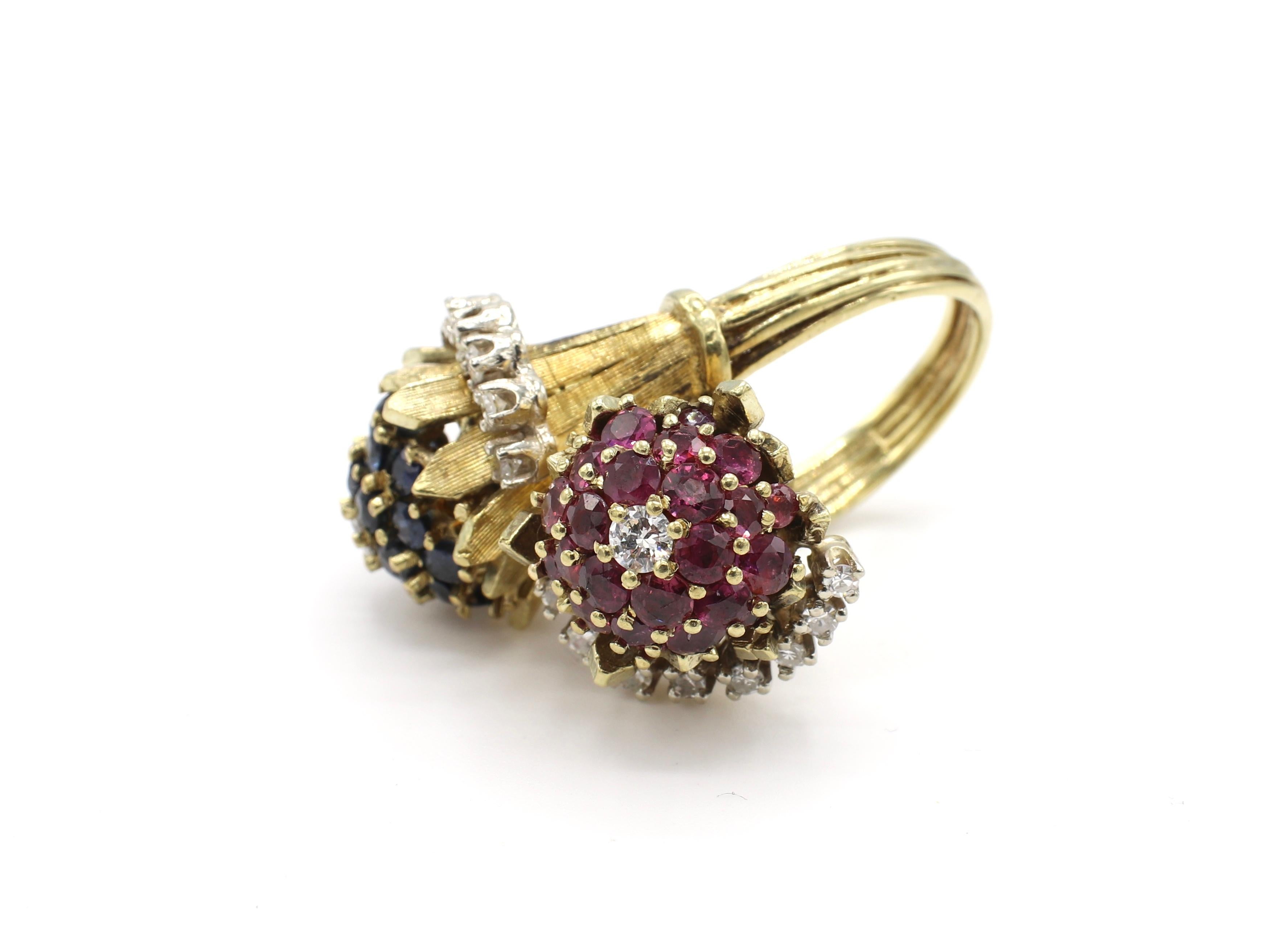 Women's or Men's 14 Karat Yellow Gold Diamond, Ruby and Sapphire Bypass Ring