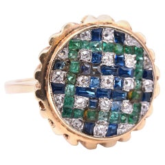 14 Karat Yellow Gold Diamond, Sapphire, and Emerald Checkerboard Ring