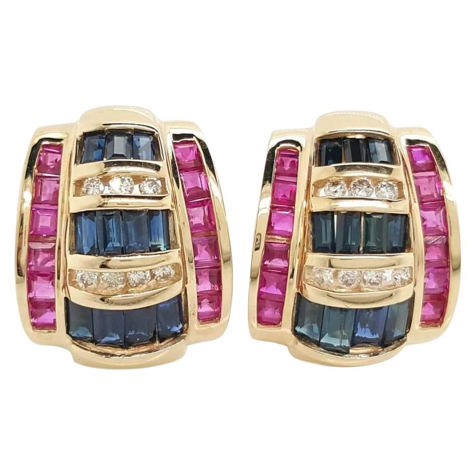 14 Karat Yellow Gold Diamond Sapphire and Ruby Omega Back Earrings For Sale