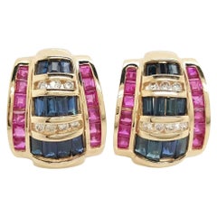 Retro 14 Karat Yellow Gold Diamond Sapphire and Ruby Omega Back Earrings