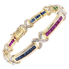 14 Karat Yellow Gold Diamond, Sapphire, Emerald, and Ruby X-Link Bracelet