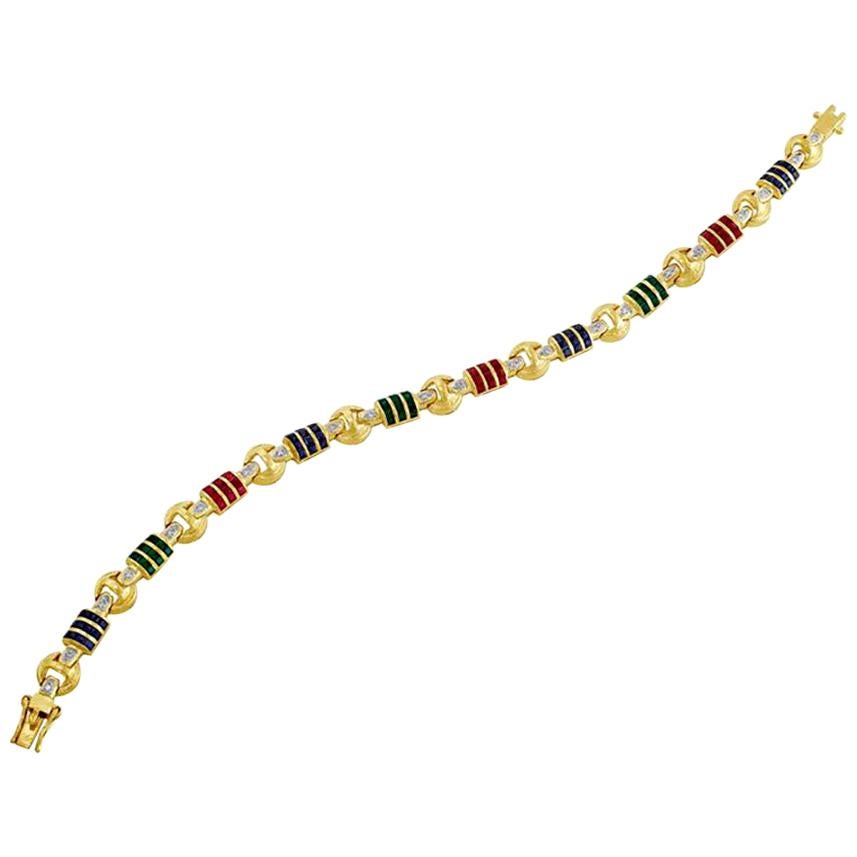 14 Karat Yellow Gold Diamond Sapphire Emerald Ruby Bracelet For Sale