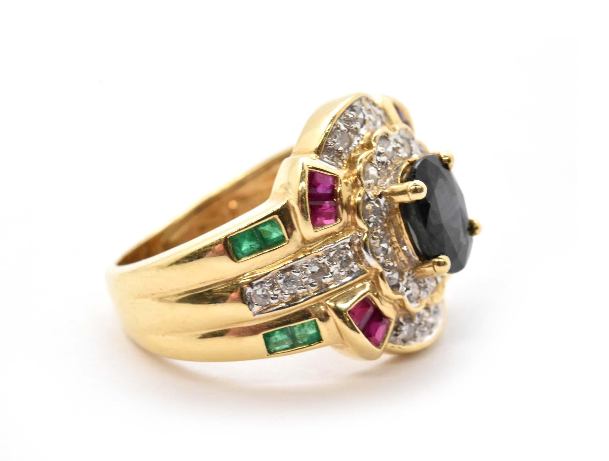 Modern 14 Karat Yellow Gold, Diamond Sapphire Emerald Ruby Fashion Ring