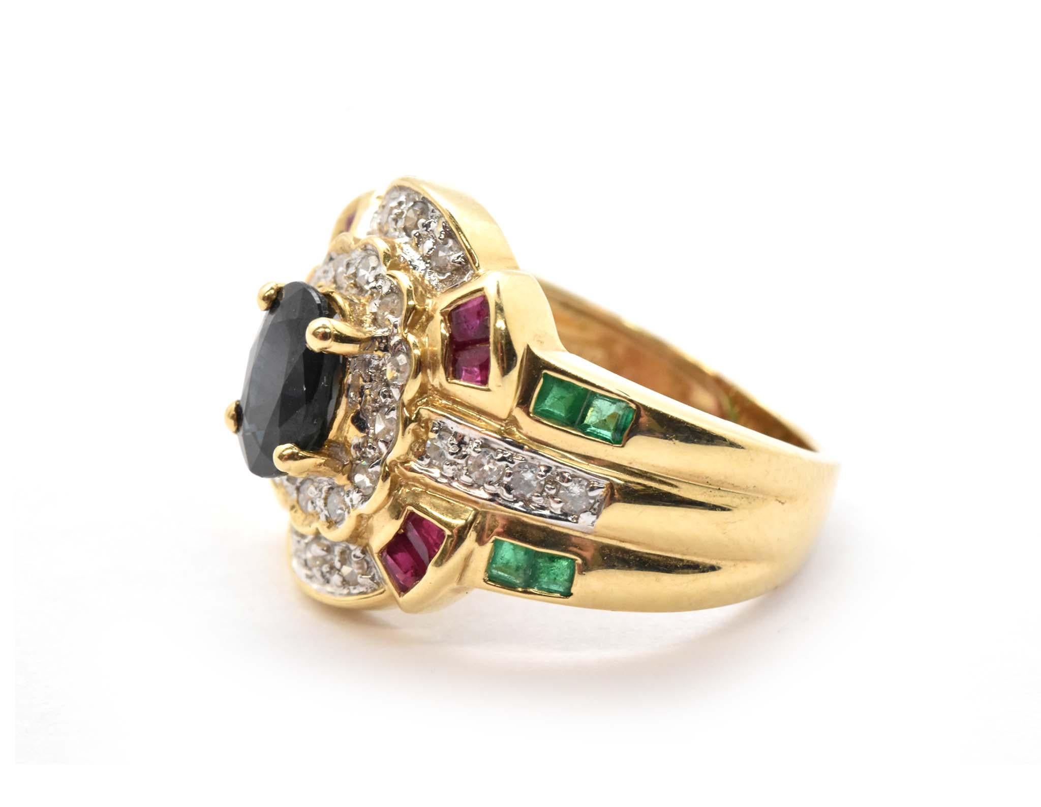 14 Karat Yellow Gold, Diamond Sapphire Emerald Ruby Fashion Ring In New Condition In Scottsdale, AZ